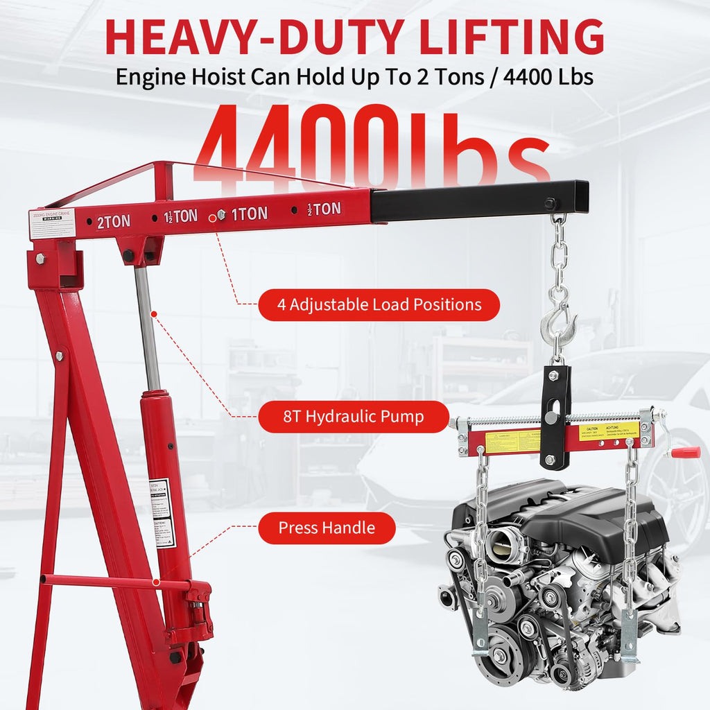 Garvee 2 Ton Folding Hydraulic Engine Hoist with Load Leveler for Garage Workshop Warehouse, 4400 LBS Capacity, Red