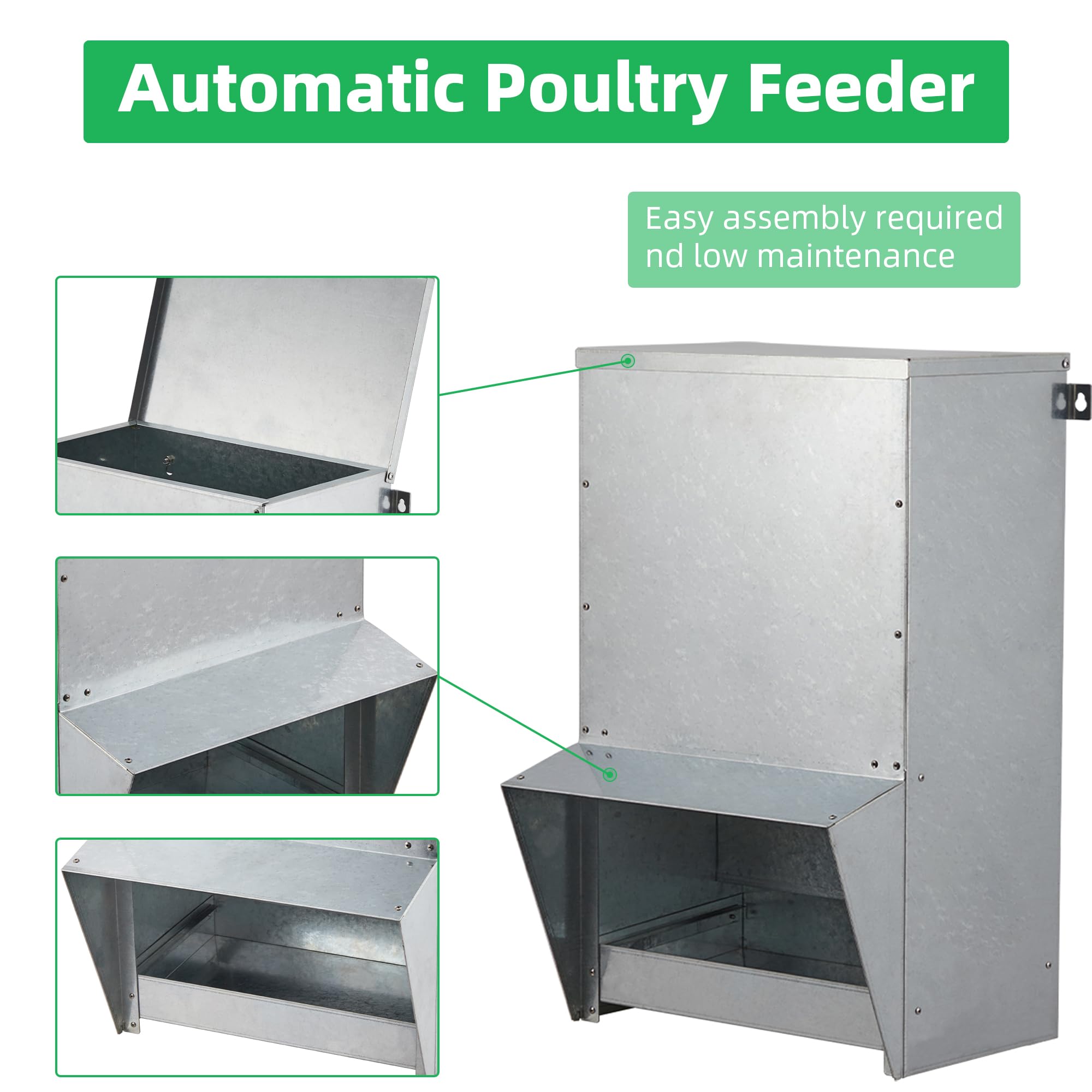 Garvee Galvanized Chicken Treadle Feeder, Poultry Feeder, 50lbs Automatic Chicken Feeder with Sides Buffer System, for 30-40 Chickens