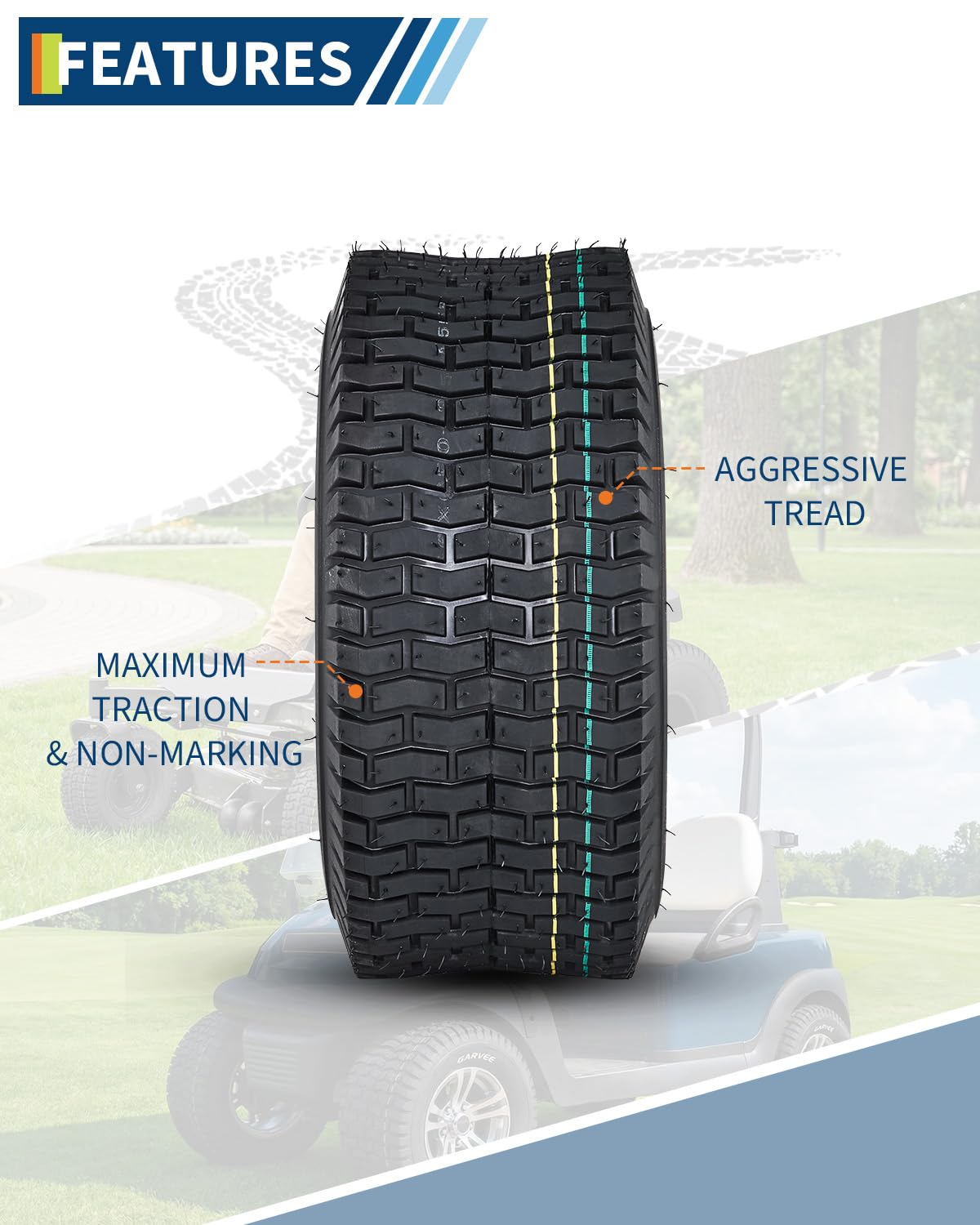 Garvee 2 Pack 16x6.50-8 Lawn Mower Tire V Pattern 4PR Tubeless Turf Tire for Lawn & Garden Mowers Utility Vehicles Black