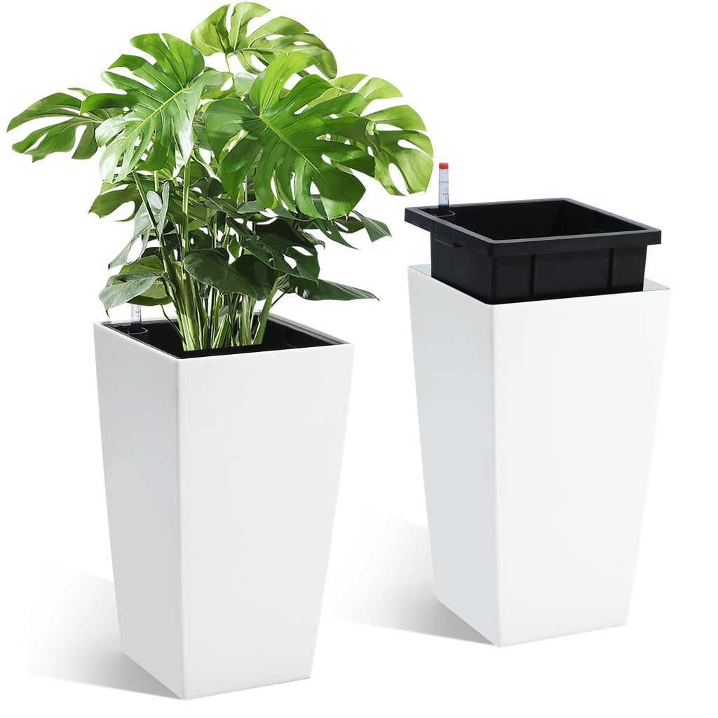 Garvee 16 Inch Tall Rectangular Planters Set of 2 Large Modern Plant Pots with Drainage Holes＆Water Level Monitor＆Wheels Outdoor and Indoor for Patio, Porch, Living Room, or Home Office, White