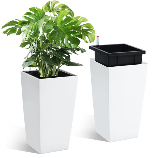 Garvee 16 Inch Tall Rectangular Planters Set of 2 Large Modern Plant Pots with Drainage Holes＆Water Level Monitor＆Wheels Outdoor and Indoor for Patio, Porch, Living Room, or Home Office, White