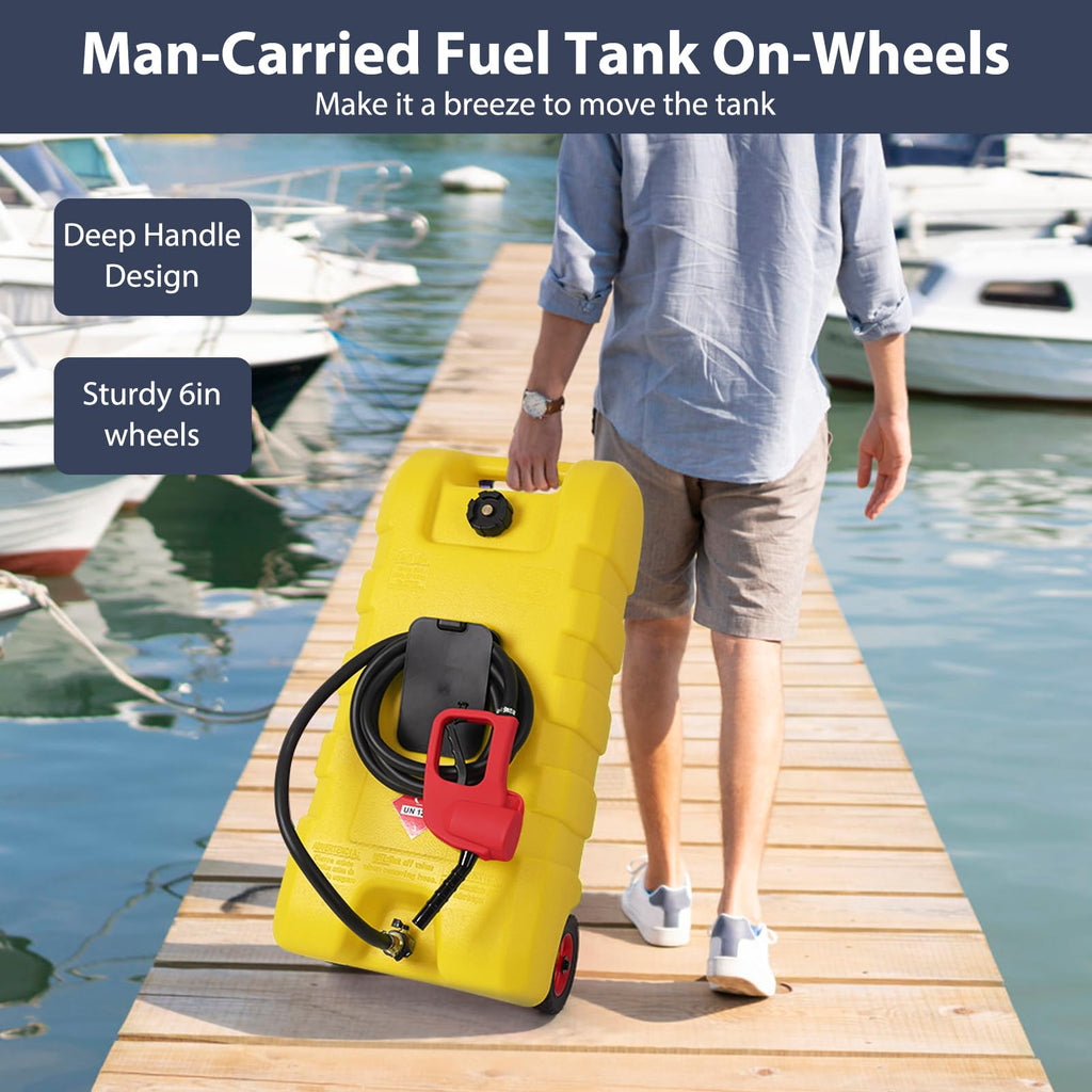 Garvee Fuel Caddy, 15 Gallon Portable Gasoline Tank Container With Le Fluid Delivery Siphon Pump and 10ft Delivery Hose, Diesel Storage Tank On Wheels for Cars, Lawnmowers, Atvs, and Boats, Yellow