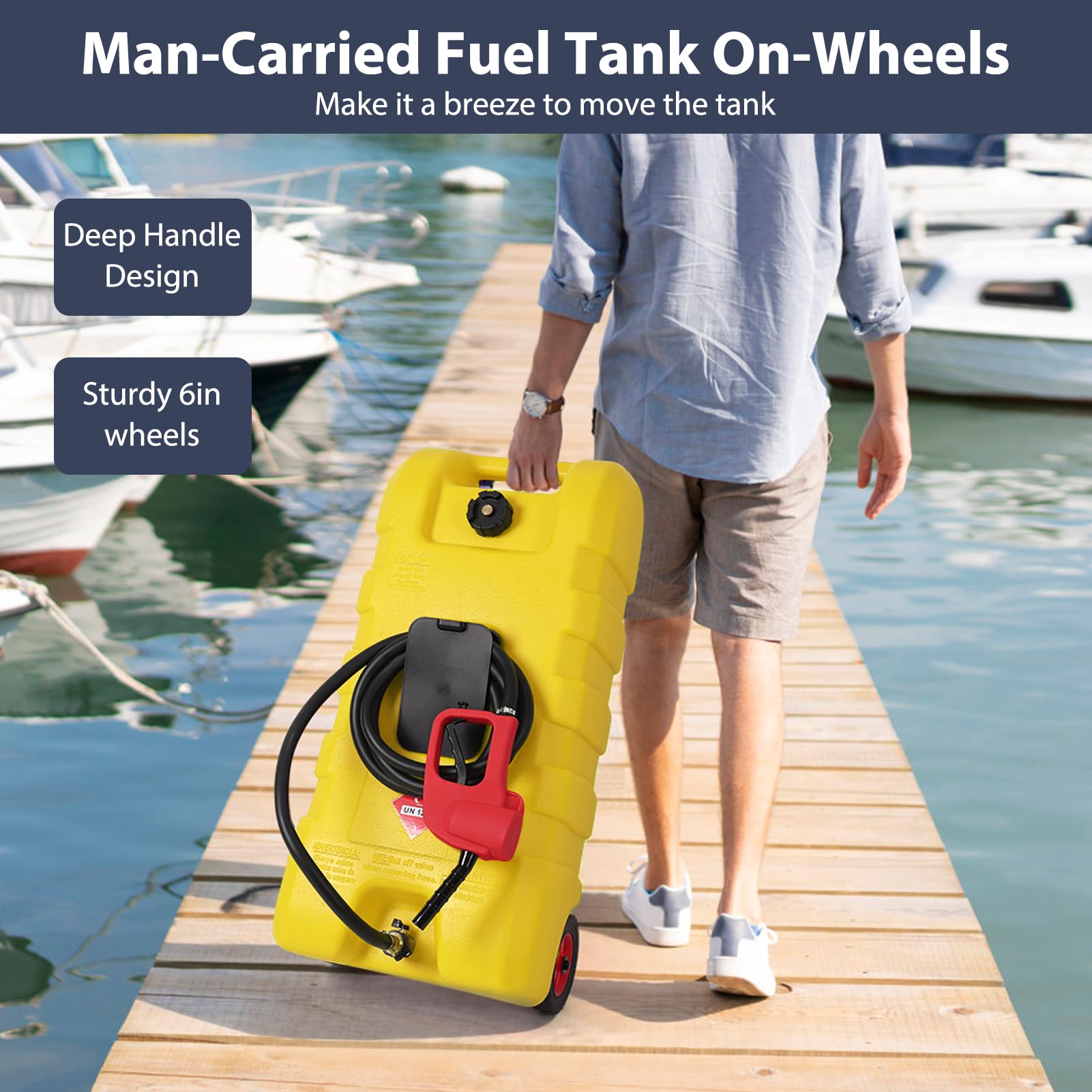 Garvee Fuel Caddy, 15 Gallon Portable Gasoline Tank Container With Le Fluid Delivery Siphon Pump and 10ft Delivery Hose, Diesel Storage Tank On Wheels for Cars, Lawnmowers, Atvs, and Boats, Yellow