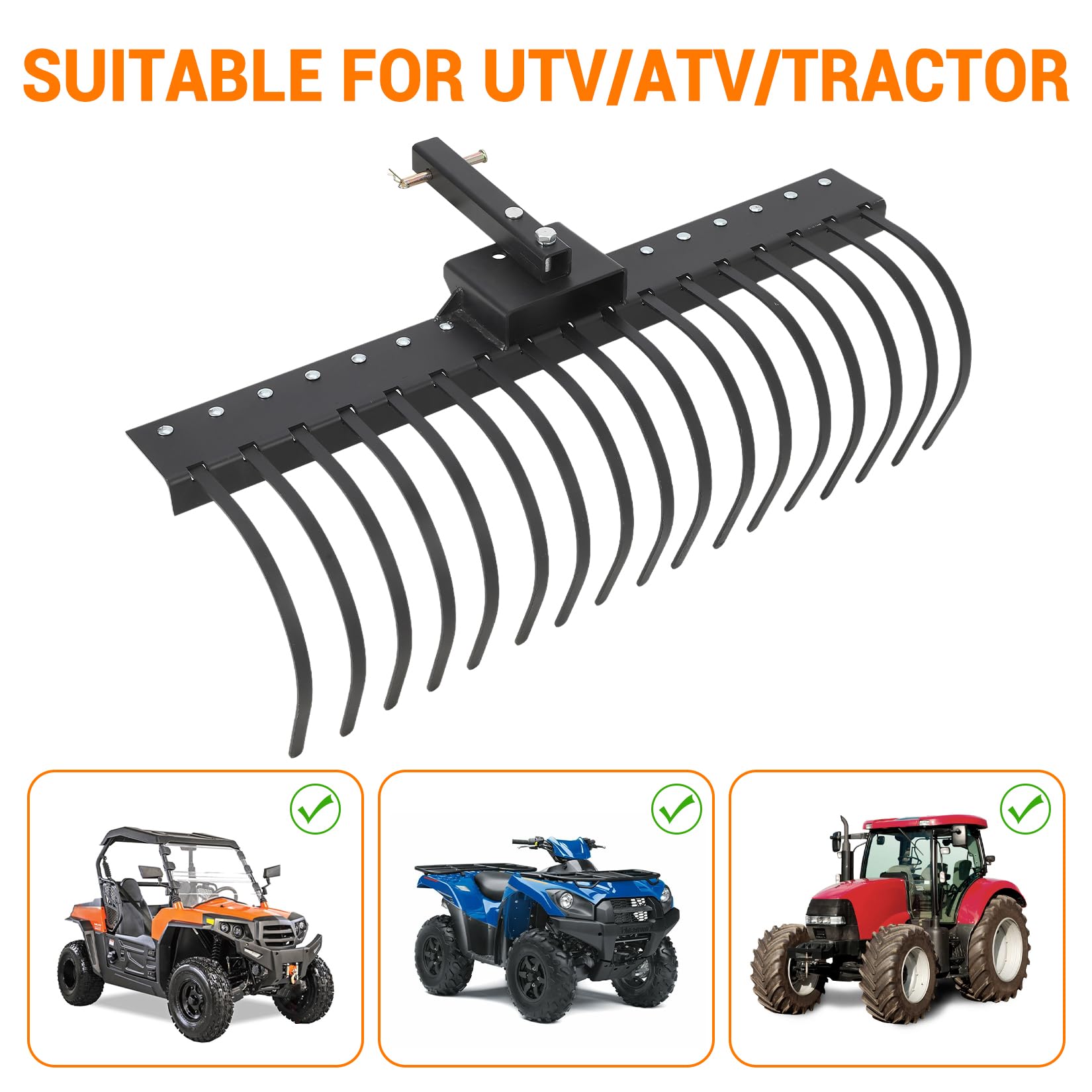 Garvee 49 Inch Landscape Rake Fits 2" Receiver for Tractor/ATV/UTV, Heavy Duty Rock Rake 17 Tines, Pine Straw Rake for Removal of Rock, Grass Clumps and Debris, Black
