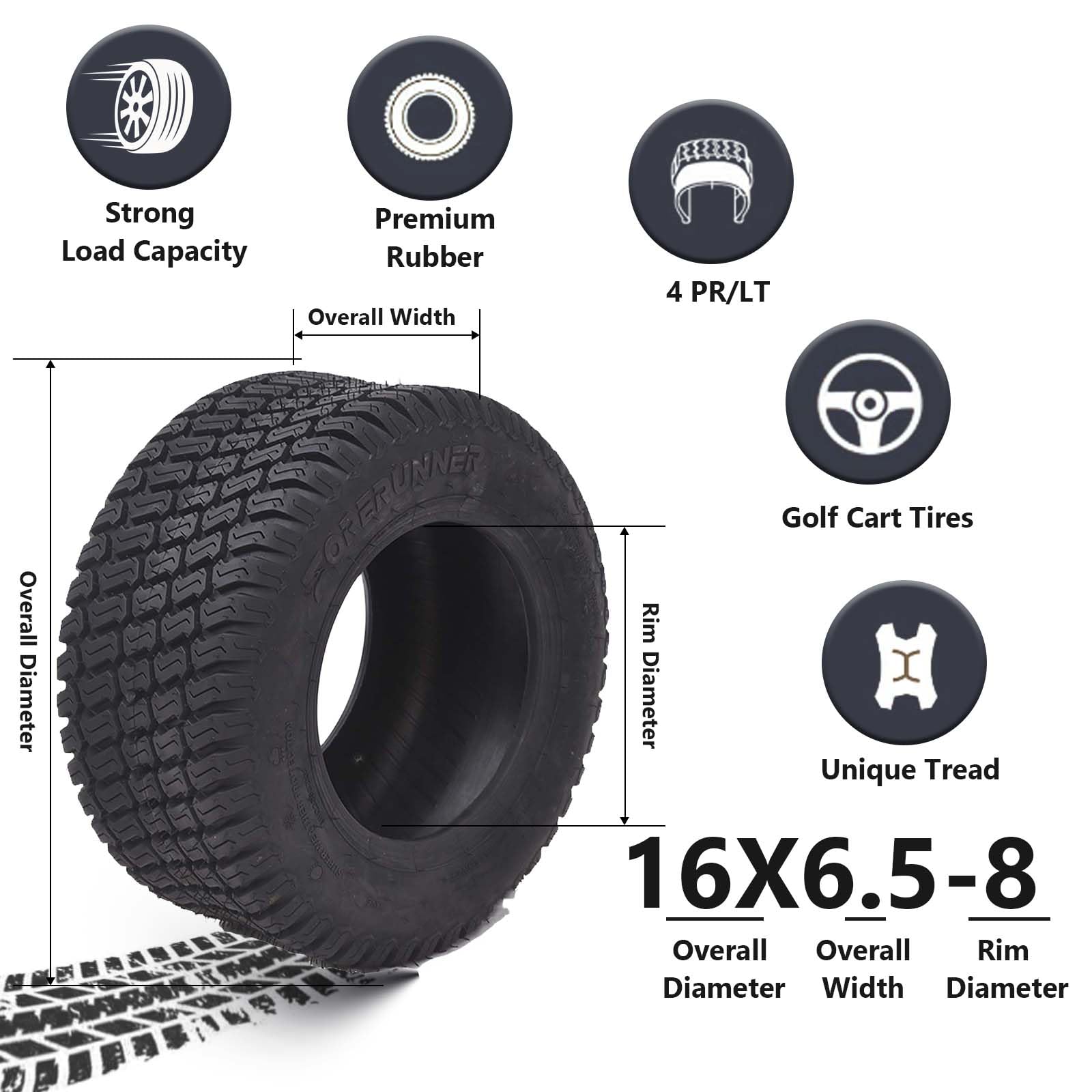 Garvee Lawn Mower Tire 16x6.50-8 Four-Ply Rated Tubeless Non-Directional Tractor Turf Garden Tire Smooth Ride Black