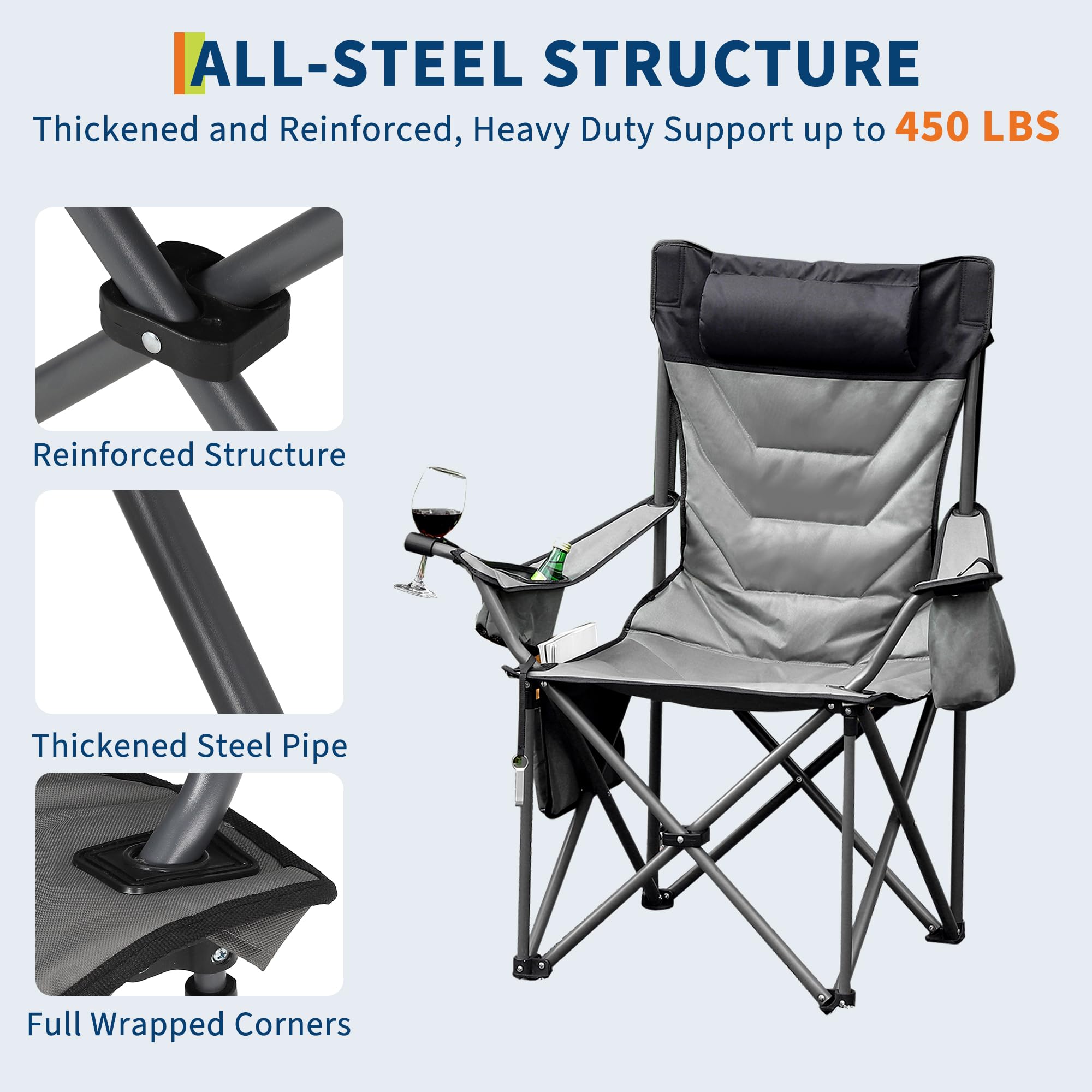 Garvee Heavy Duty Oversized Camping Chair With Cooler Pouch, Quad Lumbar Support, Cup Holder For Adults, 400 LB Capacity, Folding Outdoor Chair