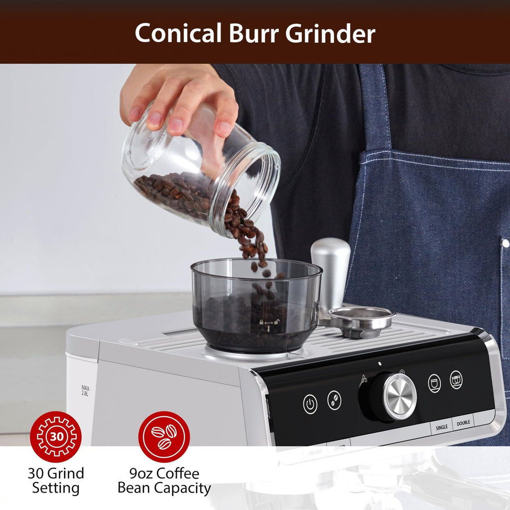 Garvee Espresso Coffee Machine with Grinder, 20 Bar Semi-Automatic Espresso Maker with Milk Frother Steamer Wand for Cappuccino, Latte, Macchiato, 2.8 L Water Tank, PID Temperature Control,Bright Silver