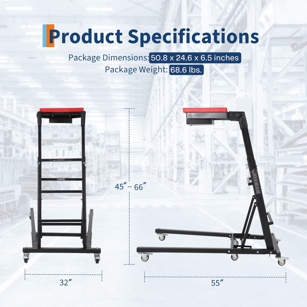 Garvee Heavy-Duty Foldable Automotive Engine Creeper, Adjustable Height 45" to 66", 400 lbs Capacity, with 6 Wheels, Storage Tray, and Padded Deck for Auto Repair & Trucks