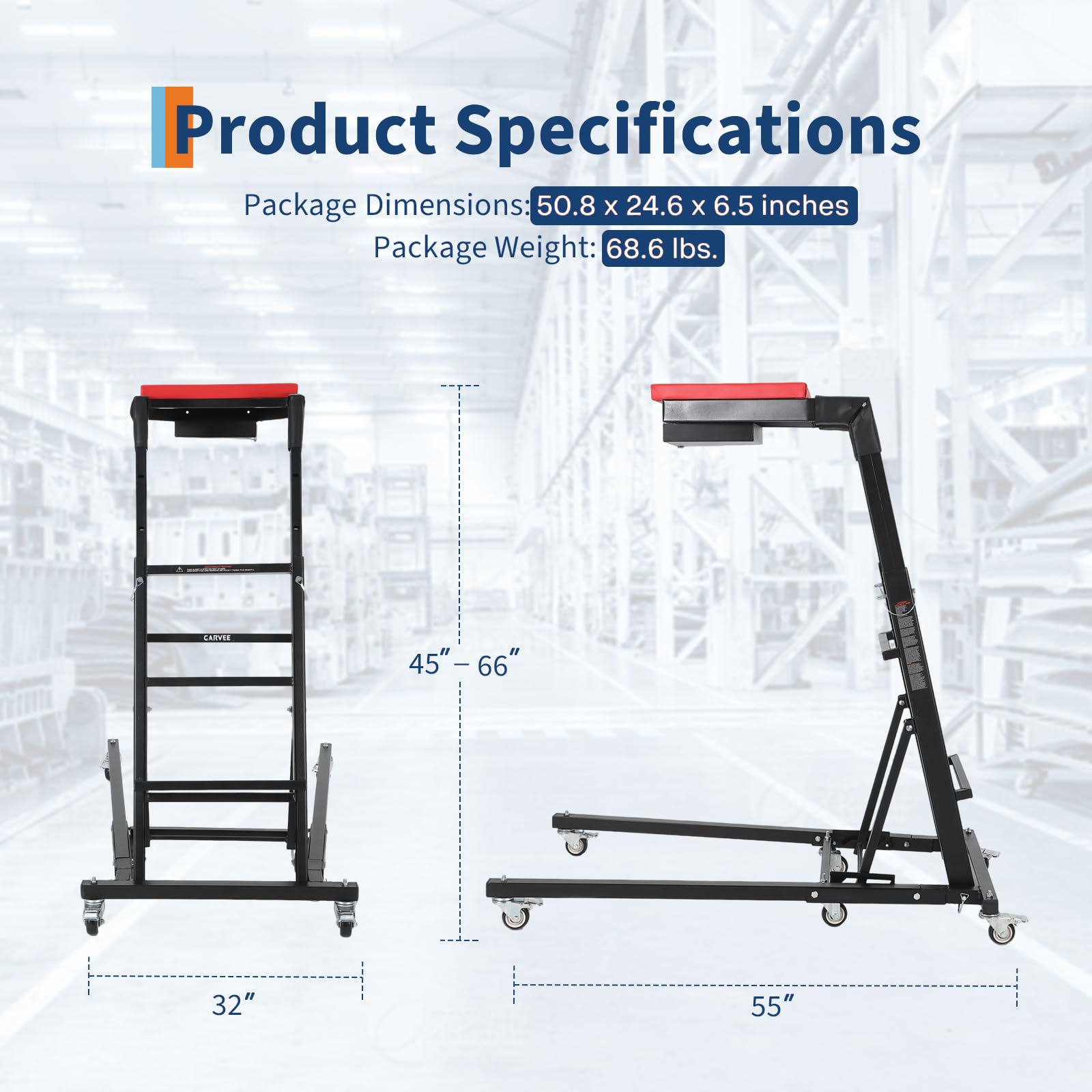 Garvee Heavy-Duty Foldable Automotive Engine Creeper, Adjustable Height 45" to 66", 400 lbs Capacity, with 6 Wheels, Storage Tray, and Padded Deck for Auto Repair & Trucks