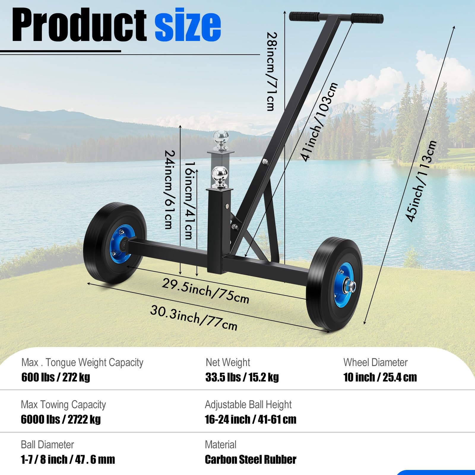 Garvee Adjustable Trailer Dolly with 1000lbs Load Capacity, Heavy Duty Carbon Steel Trailer Mover for Moving Car RV Boat Trailer, 19-26 Inch Adjustable Height, 2 Inch Ball & 16 Inch Pneumatic Tires