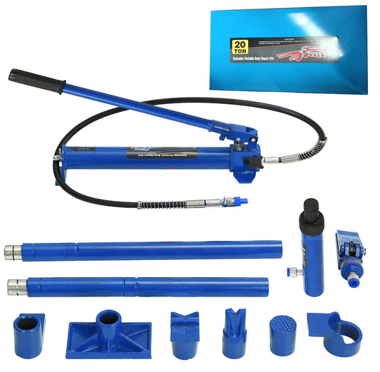 Garvee 20 Ton Porta Power Hydraulic Kit, 15pcs Heavy-Duty Hydraulic Pusher Puller Set with Long Handle Ram and Portable Toolbox for Auto Body Repair, Garage, and Industrial Maintenance, Blue