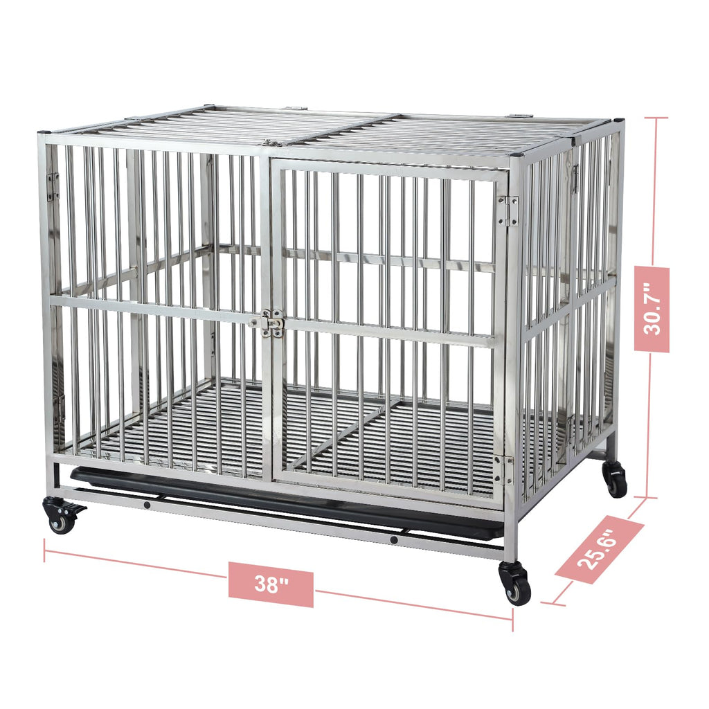 Garvee 38" Heavy Duty Indestructible Dog Crate Steel Escape Proof Dog Cage Kennel for Small Medium Large Dogs Indoor Double Door High Anxiety Dog Crate with Wheels, Lock& Removable Tray, Silver (38 Inch)