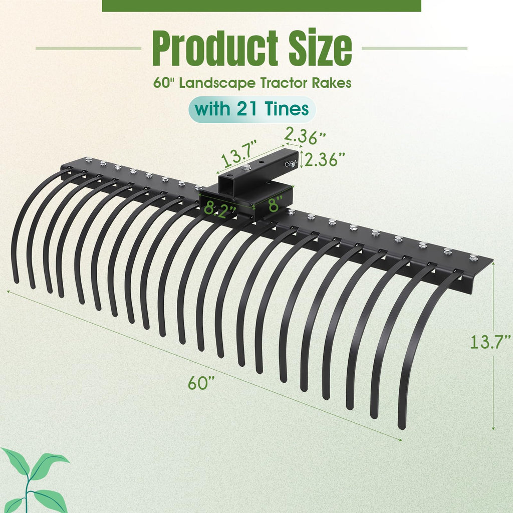 Garvee 60 Inch Landscape Rock Rake,3 Point Attach Rake Fit for 2 Inch Receiver with 360 Degree Rotation,Tow-Behind Garden Tool for Compact Tractors, Category 1
