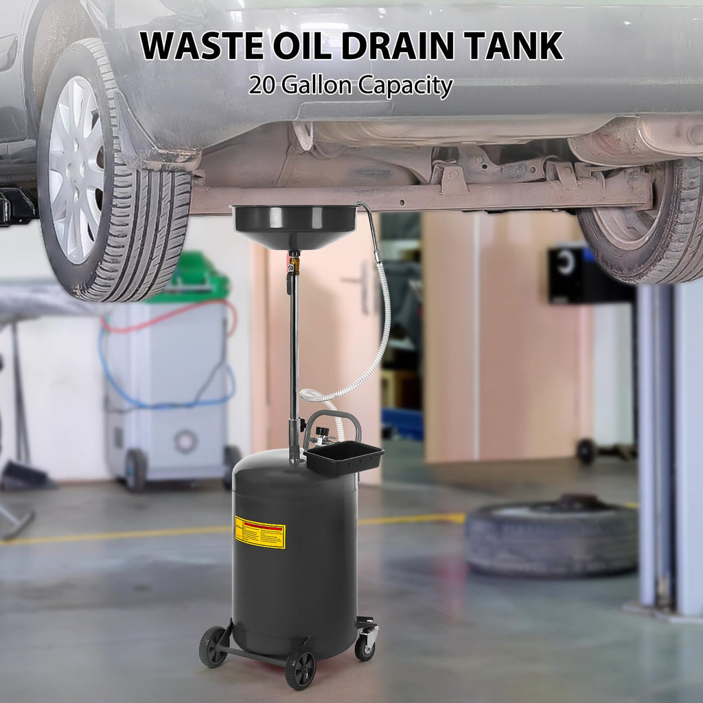 Garvee 20 Gallon Waste Oil Drain Tank - Portable Air-Operated Oil Drainer with Adjustable Funnel Height, 15'' Premium Bowl, Wheels, and Toolbox for Fluid Fuel Transfer and Drainage, Black