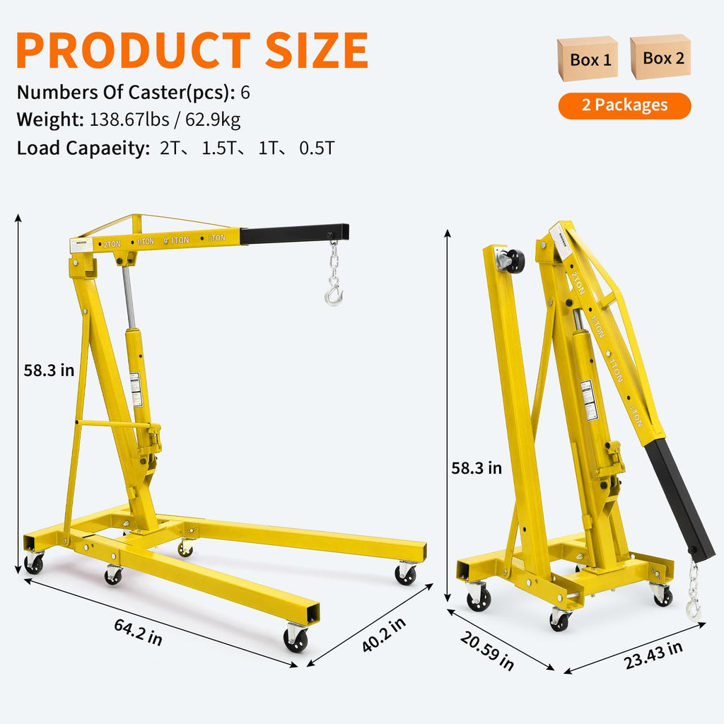 Garvee 2-Ton Folding Engine Hoist Hydraulic Shop Crane With Telescoping Boom 6 Caster Wheels, Yellow
