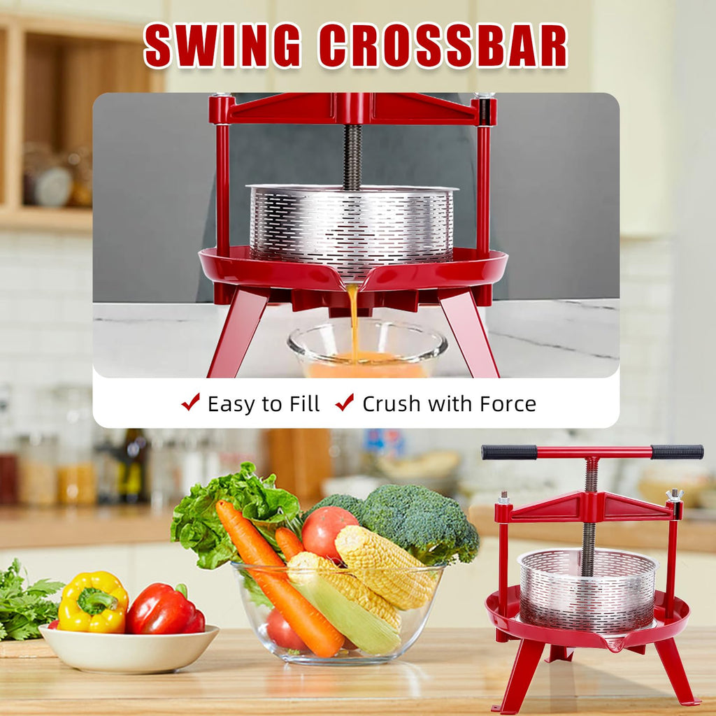 Garvee Manual Fruit Wine Press 2.38 Gal, Stainless Steel Fruit and Wine Press with T-Handle, Stable Triangular Structure, Wine Making Press for Outdoor, Kitchen