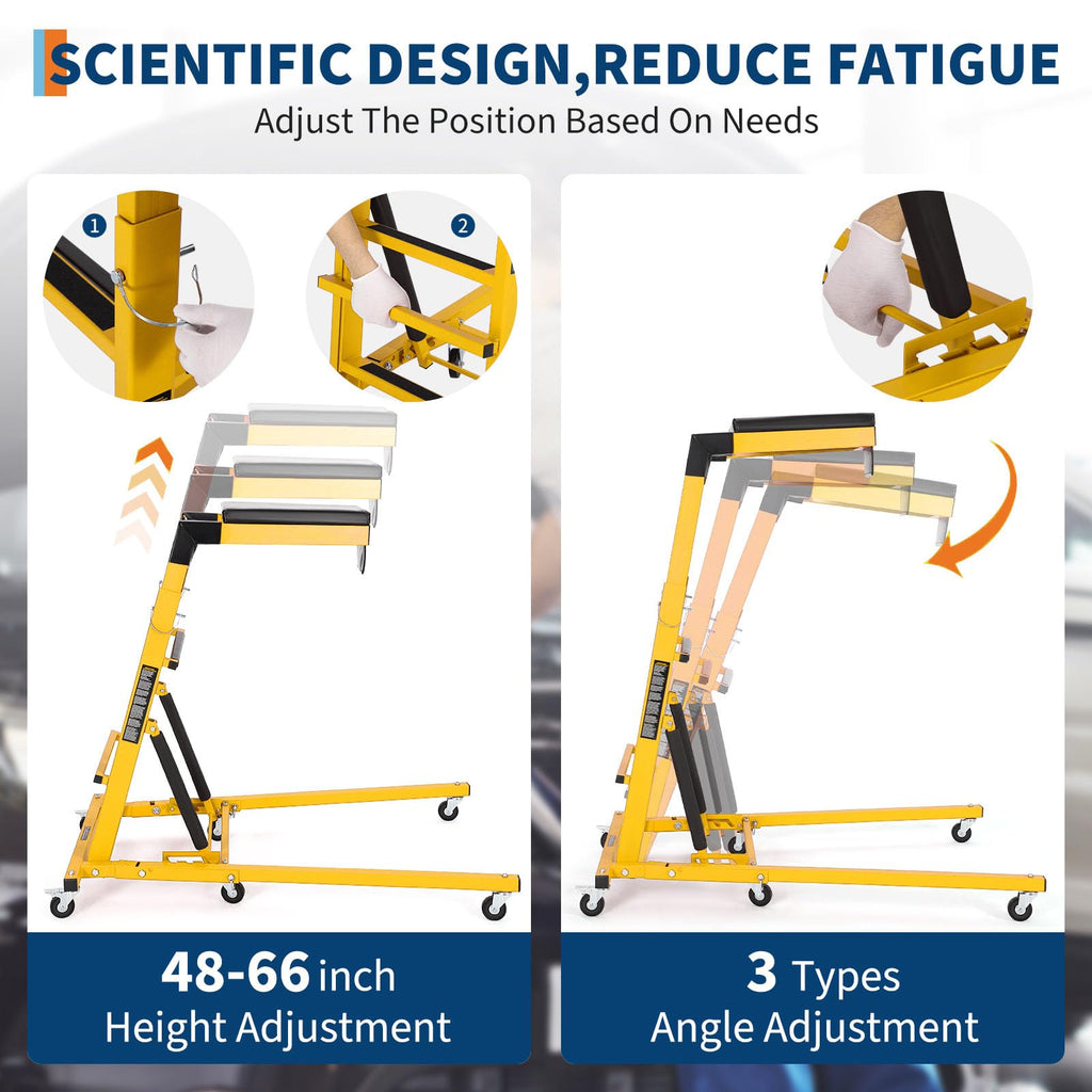 Garvee Topside Automotive Engine Creeper - Adjustable Height (48"-66"), 400 lbs Capacity, Foldable Design with 6 Swivel Caster Wheels, Thicker Cushion, and Tool Pouch, Yellow