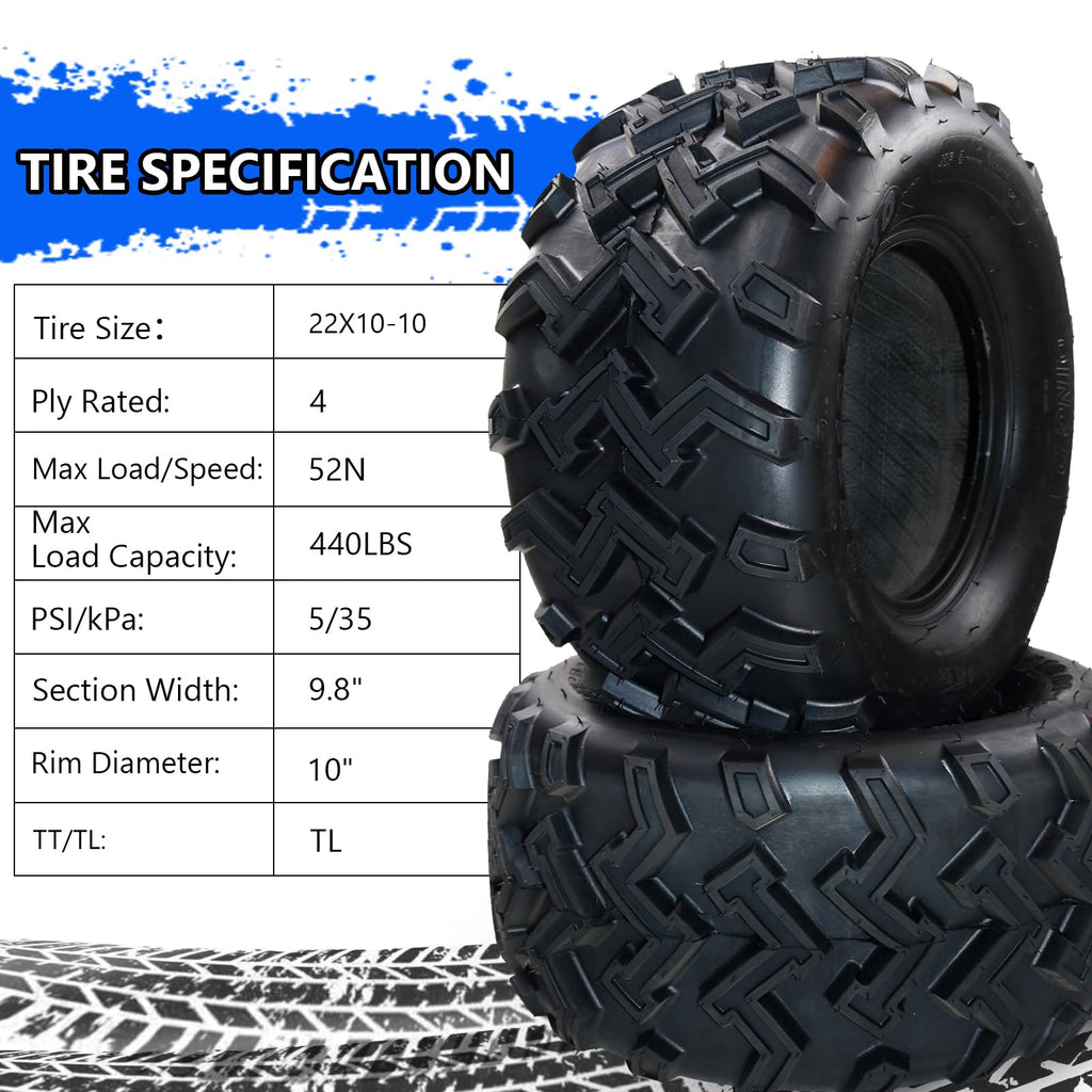 Garvee Set of 2 ATV UTV all-terrain Tires 22X10-10 4PR, Oblique Construction Non-Directional Tread Pattern QD-115, Pair of 2 UTV Tires for Suitable for Mud, Gravel, Sand, Rocky