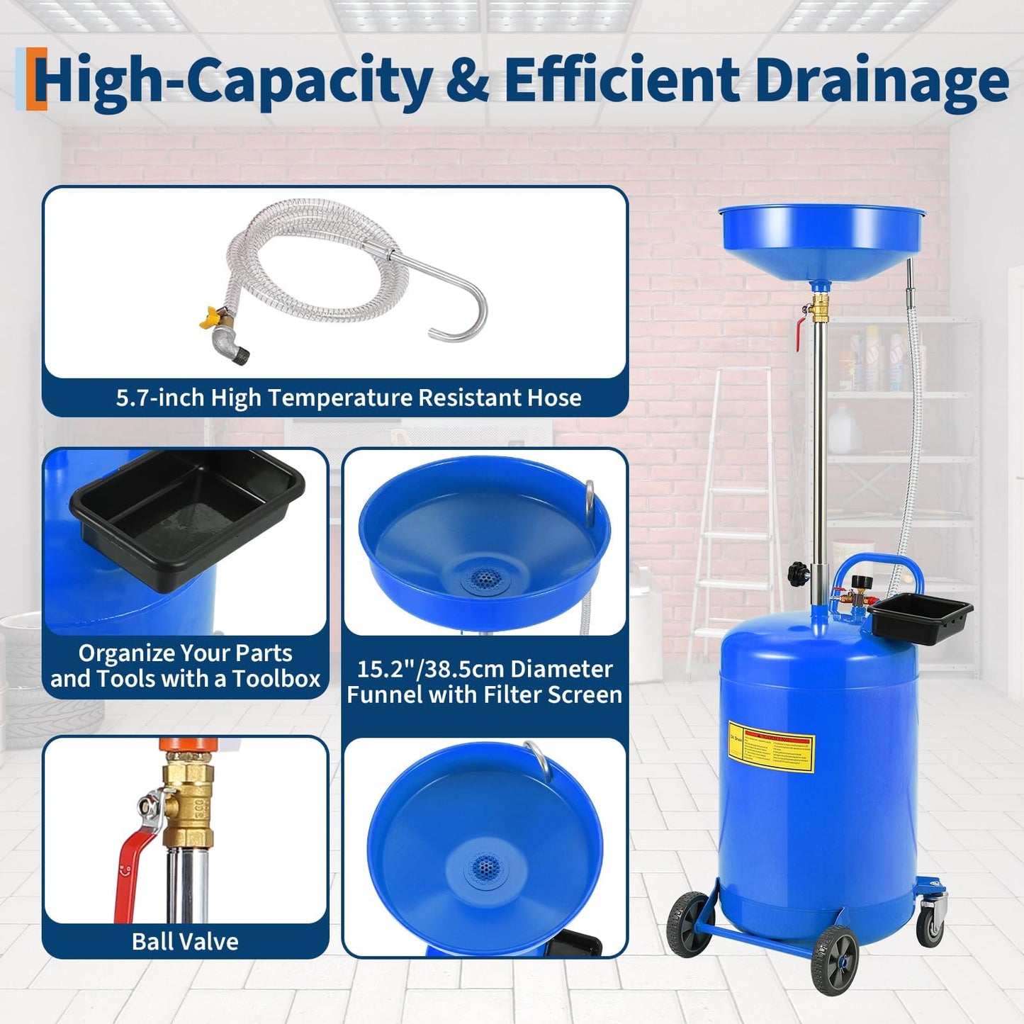 Garvee 20 Gallon Oil Drain Container Tank with 15 in Funnel, Adjustable Height 28"-62", Heavy-Duty Rust-Proof 360° Swivel Wheels, Built-in Toolbox for Garage & Auto Shop, Blue