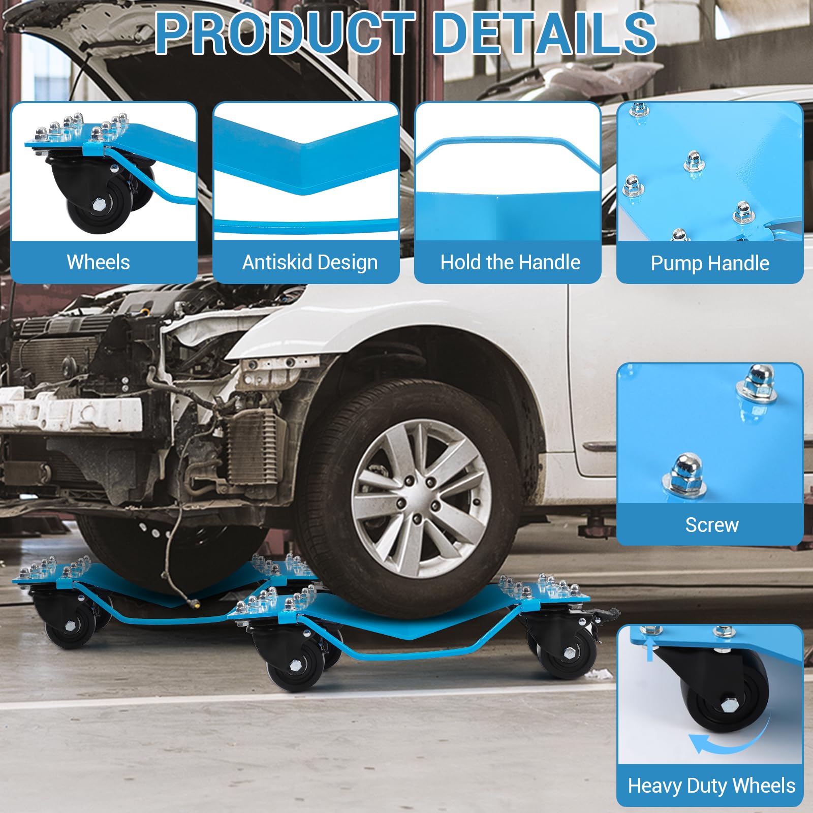 Garvee Car Tire Wheels Set 2 - Manganese Steel, 360° Swivel, Anti-Slip Plate, 16x13 Inch, Blue - Durable, Easy to Maneuver