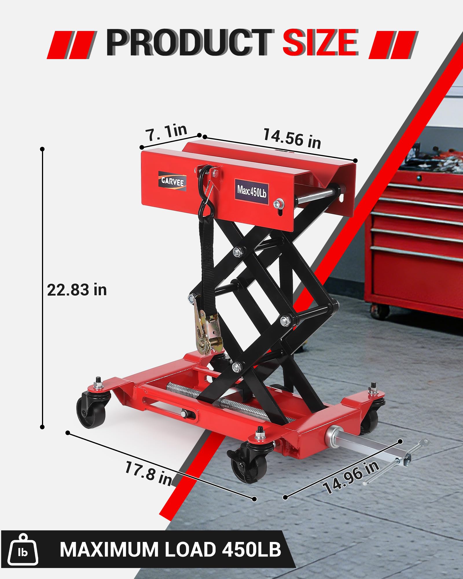 Garvee 450 lbs Low-Profile Transmission Jack, Adjustable Floor Jack with Safety Strap, Heavy-Duty Auto Repair Lifting Jack with 4 Wheels for Garage and Repair Shop, Red