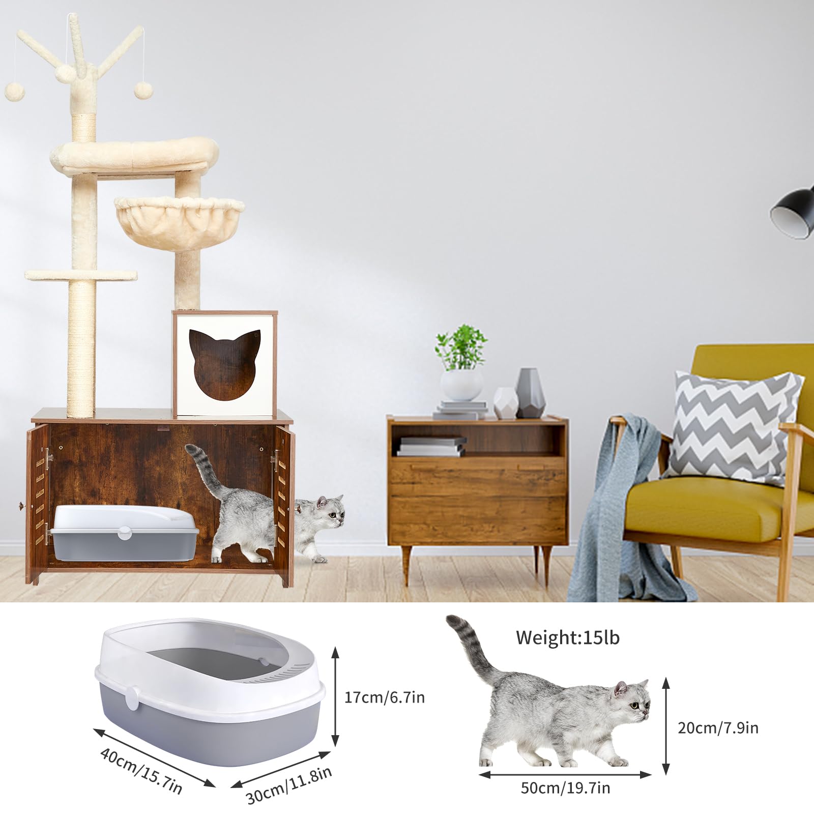 Garvee Cat Tree with Litter Box Furniture Hidden Enclosure, 2-in-1 Modern Tower, Cat Condo with Scratching Posts