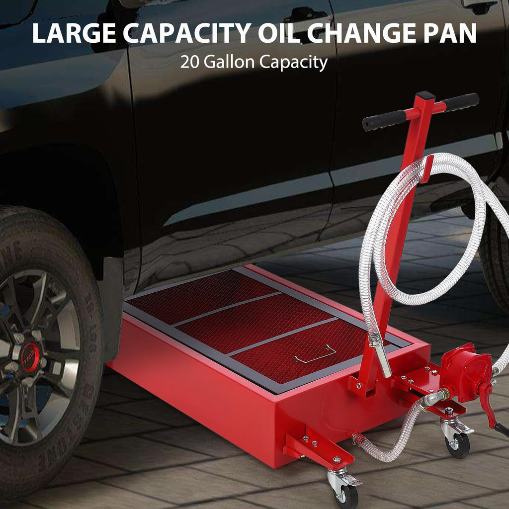 Garvee 20 Gallon Oil Drain Pan Oil Drain Tank, 76L Low Profile Oil Drain Pan, Large Capacity Oil Change Pan with Manual Pump & T Foldable Hand and Wheels, 7.5FT Hose Oil Drain Cart for Car, SUV, Trucks