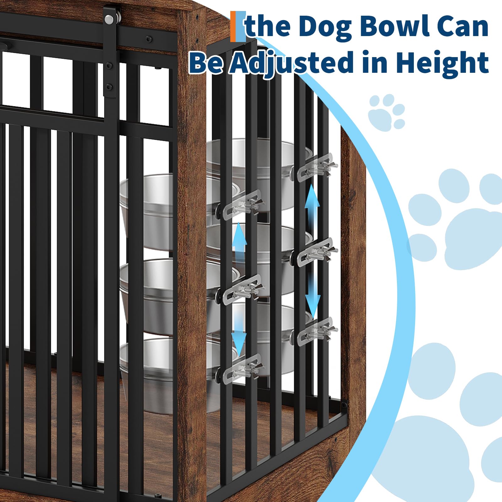 Garvee 55" Extra Large Dog Crate Furniture Heavy Duty Metal Wooden Dogs Kennel Indoor Dog Cage Sliding Door 2 Bowls Medium Large Dogs TV Stand Rustic Brown