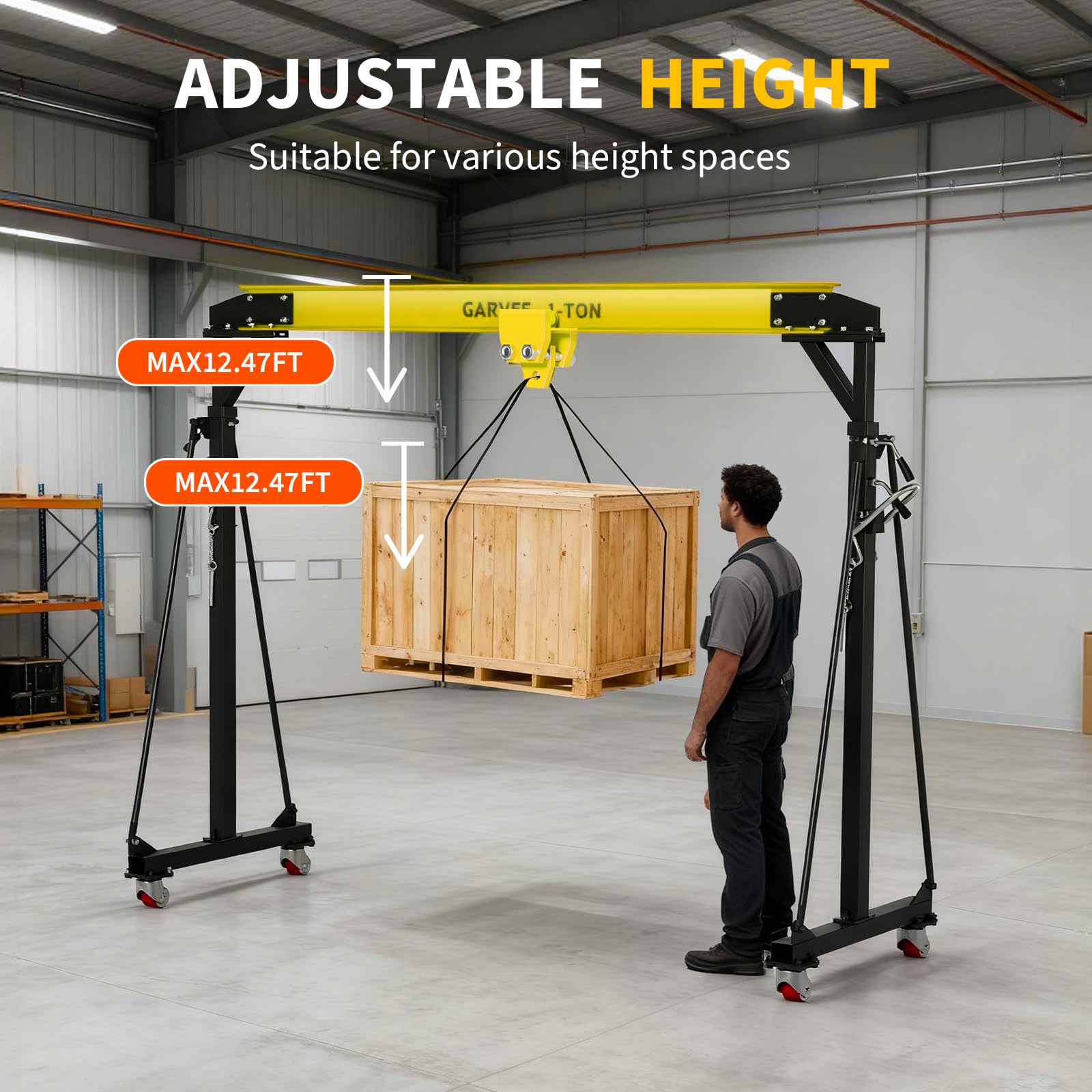 Garvee Adjustable Gantry Crane 1 Ton Capacity Portable Shop Lift Hoist, Adjustable Height 97"-141", Steel, Industrial Use
