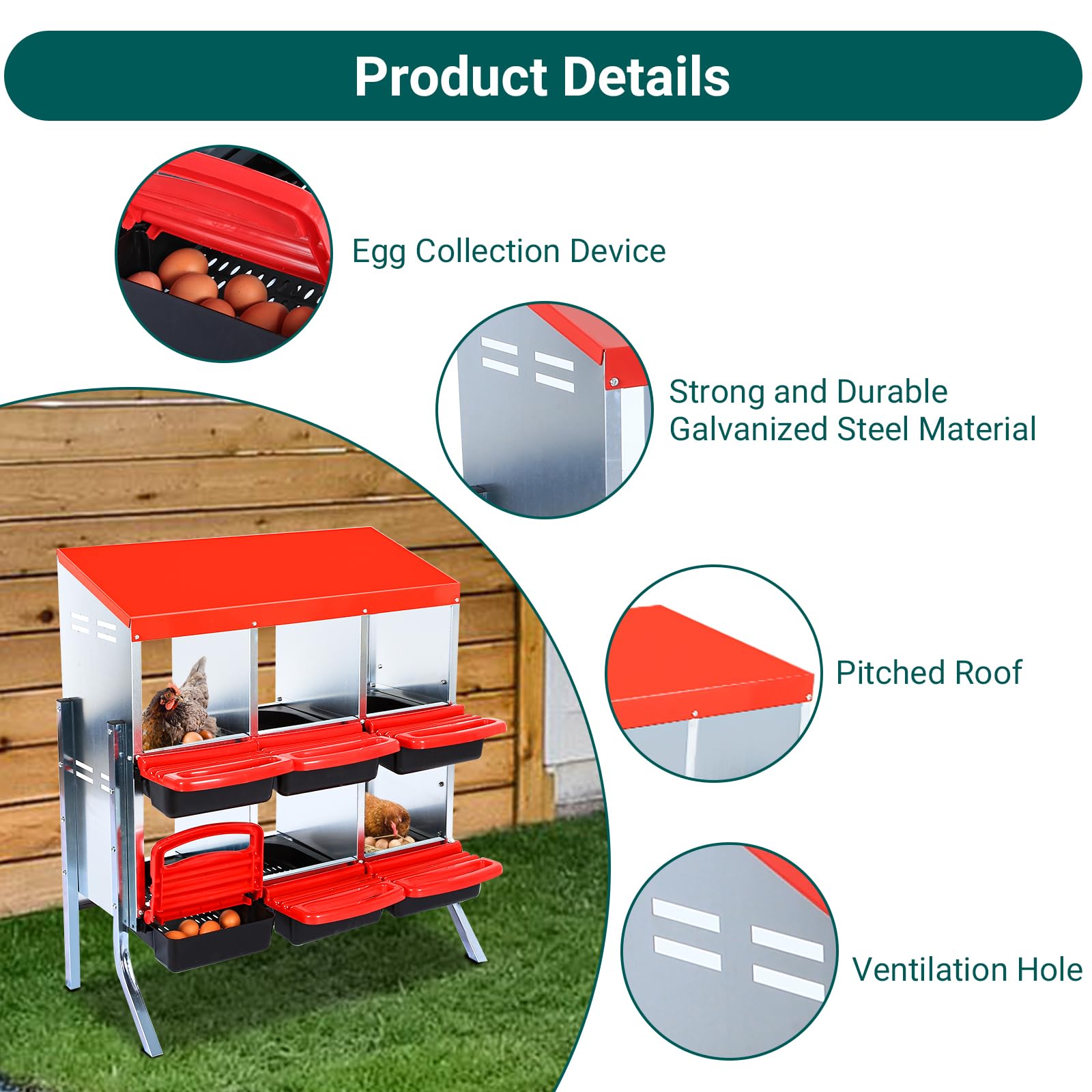 Garvee Nesting Boxes for Chickens, 6 Compartment Roll Away Nesting Box with Egg Collection, Perch, Lid Cover for Egg Protection, Wall Mount/Free Standing Nest Box for Chickens