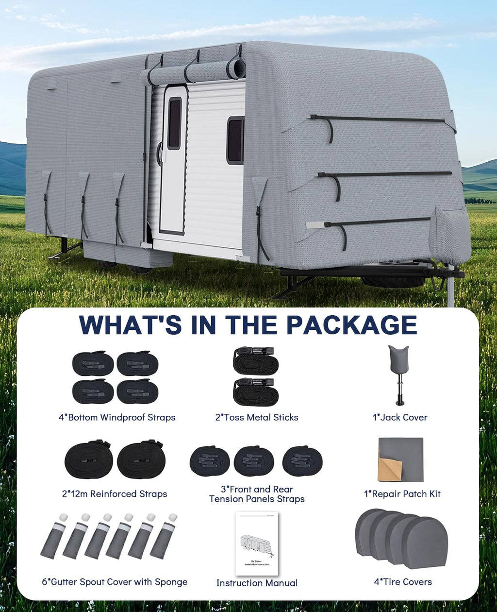 Garvee 33-35ft RV Travel Trailer Cover - Waterproof, UV-Resistant, Rip-Stop 4-Layer Heavy-Duty Camper Cover with Gutter Covers, Jack Cover, and Windproof Straps, Grey