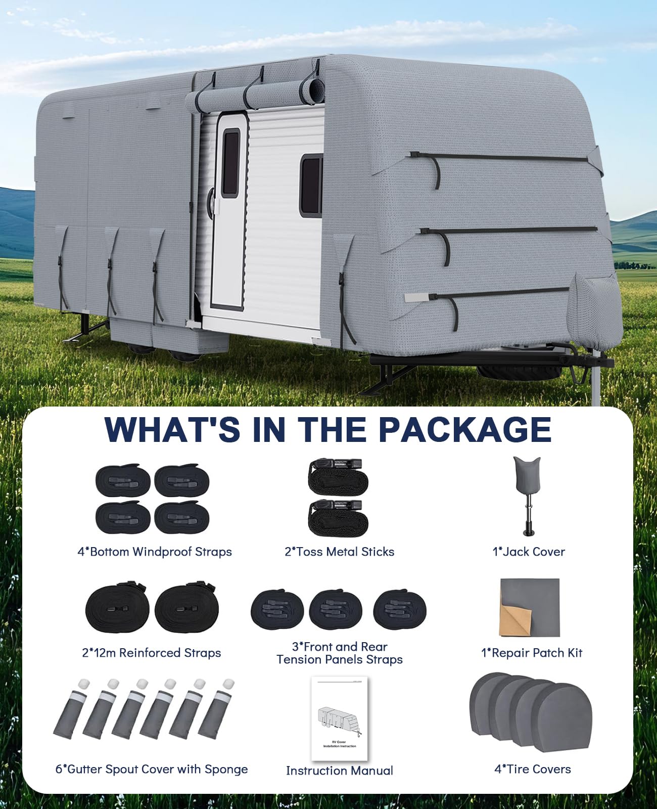 Garvee 22-24 ft RV Travel Trailer Cover, Waterproof, UV-Resistant, Rip-Stop 4-Layer Heavy-Duty Camper Cover with Gutter Covers, Jack Cover, and Windproof Straps, Grey