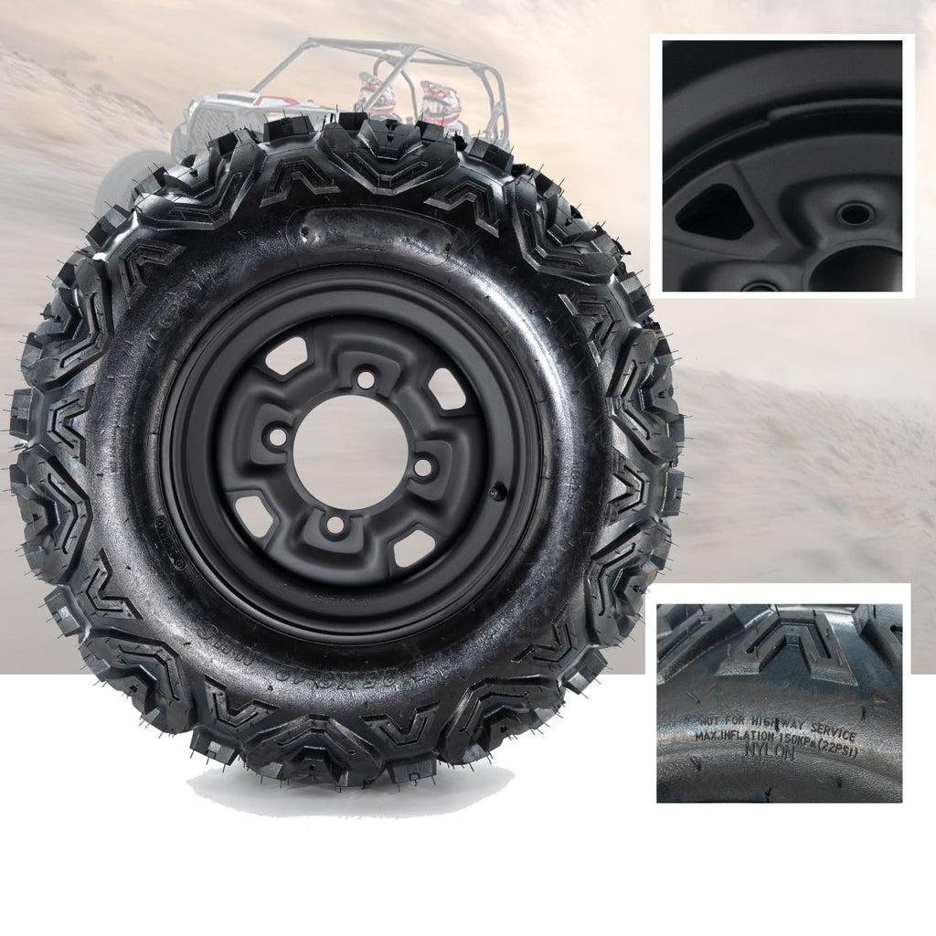 Garvee 25x10-12 ATV Tires with 12" Steel Wheel Rim 4 Bolt All-Terrain Off-Road Mud Sand Terrain Black