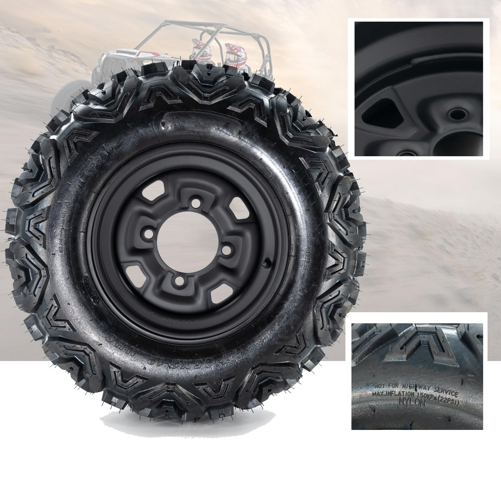 Garvee 25x10-12 ATV Tires with 12" Steel Wheel Rim 4 Bolt All-Terrain Off-Road Mud Sand Terrain Black