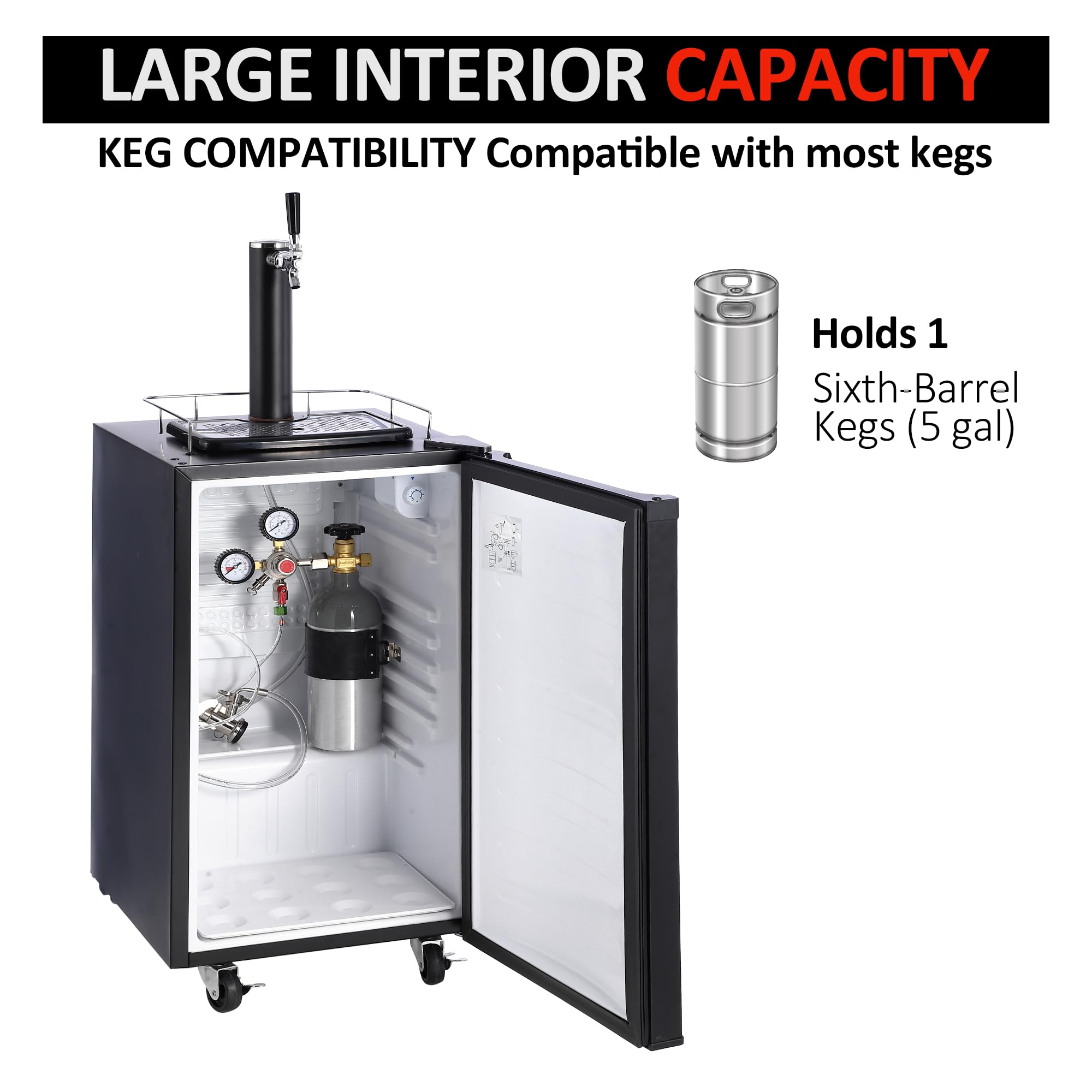 Garvee Kegerator and Keg Beer Cooler, Single Faucet Draft Beer Dispenser, Full Size Keg Refrigerator With Shelves, Stainless Steel, Drip Tray & Rail