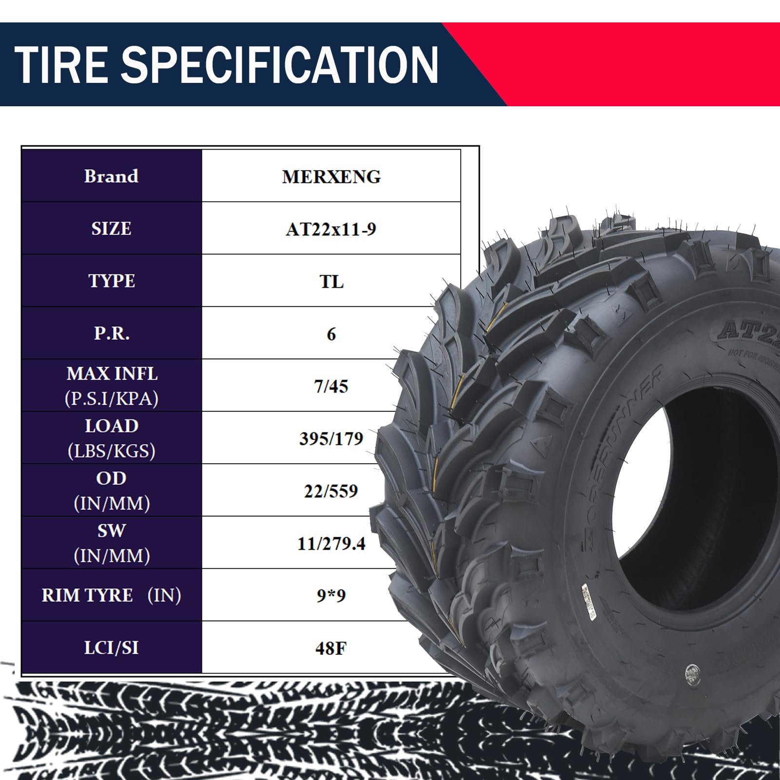Garvee Set of 2 ATV Trail Tires 6PR Knobby Sport Tires, Tubeless - AT22x11-9-6PR TL MARS