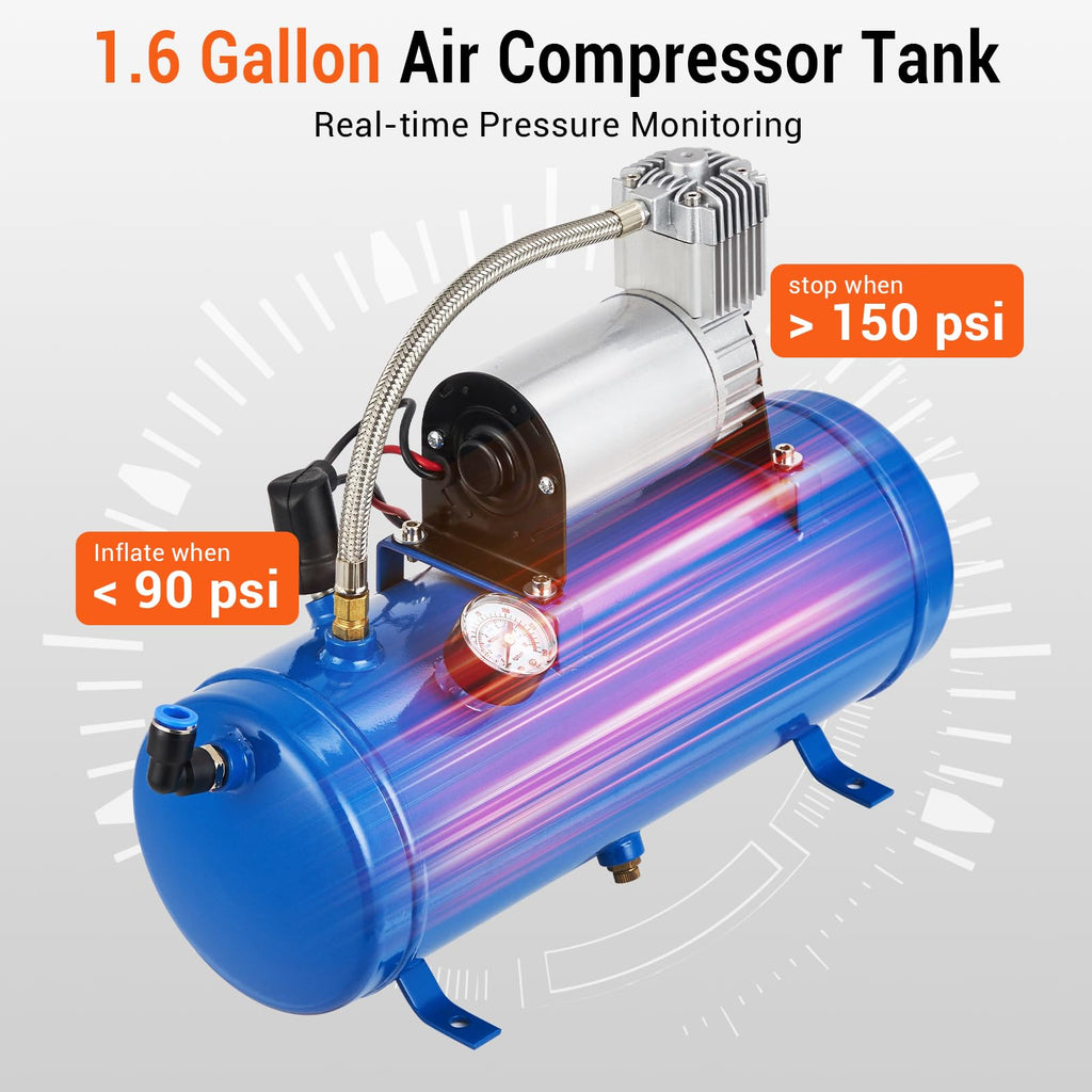 Garvee Train Horn Kit 4 Trumpets 150 DB, 150 PSI Compressor with 1.6 Gallon Tank, Durable Air Horn for Trucks, SUVs, Motorcycles, and Boats