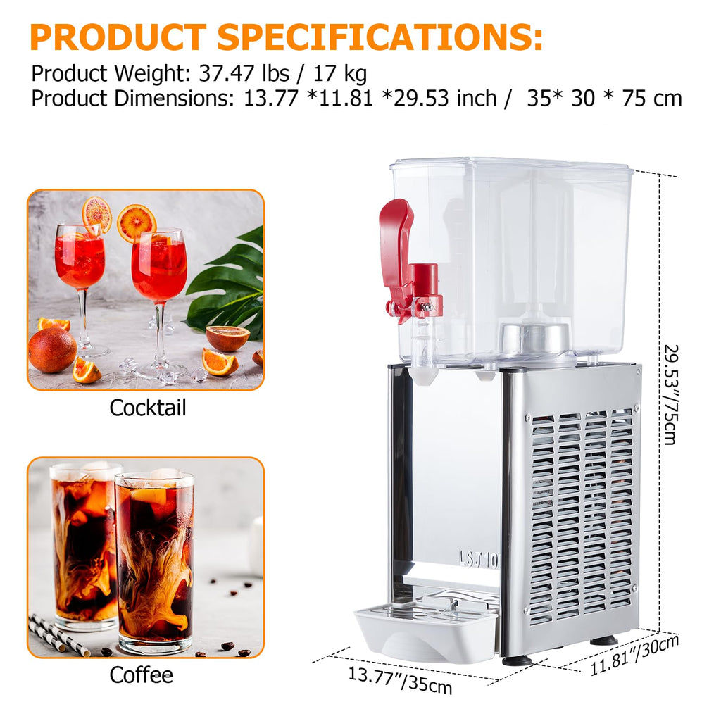 GARVEE 10L (2.64 Gallon) Commercial Juice Dispenser, 1 Tank 180W, Stainless Steel Beverage Dispenser for Tea, Drink