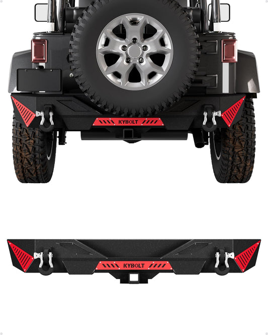 Garvee Rear Bumper Compatible with 2007-2018 Jeep Wrangler JK & JKU Unlimited (2/4 Doors), Off Road Back Bumper with Hitch Receiver & 2 x D-Rings Paintable Armor