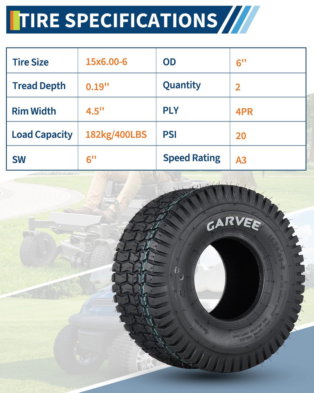 Garvee 2 Pack 15x6.00-6 Lawn Mower Tire V Pattern Tubeless For Lawn & Garden Mowers 15x6-6 4PR Black
