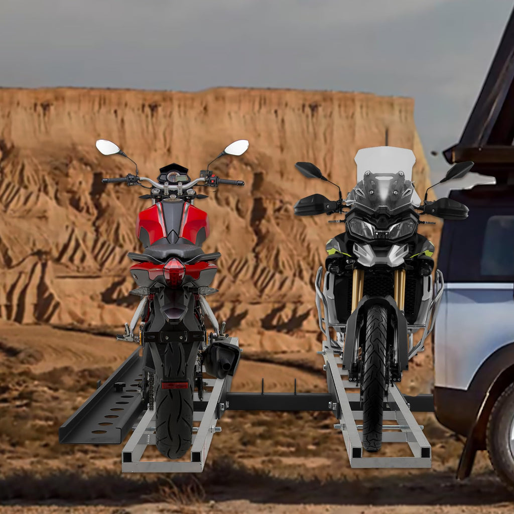 Garvee Double Motorcycle Carrier, 600 Lbs Aluminum Motorcycle Hitch Carrier with 59 Inch Long Detachable Load Ramp, Heavy Duty Hitch-Mounted Dirt Bike Rack with Tie-Down Strap for Car, Truck