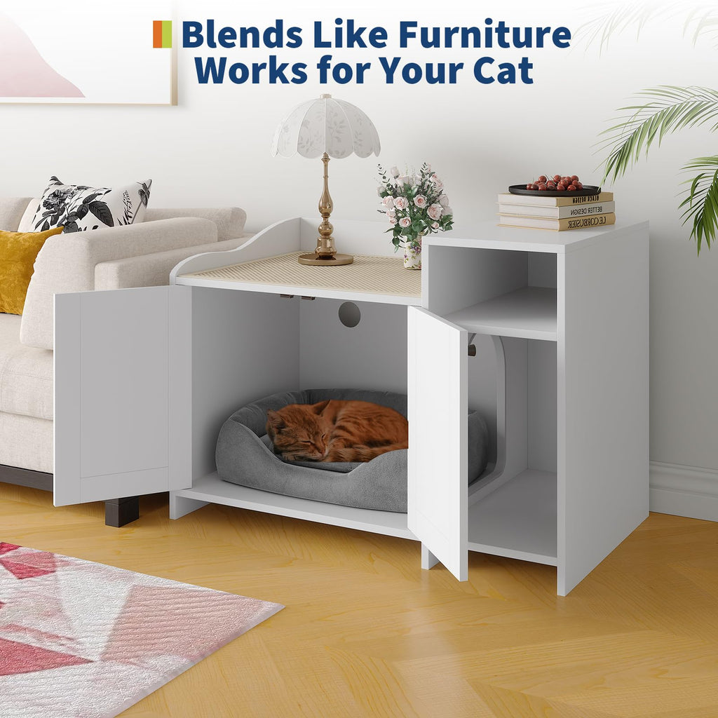 Garvee Cat Litter Box Enclosure Furniture Hidden Litter Box Cabinet Indoor Wooden Cat Washroom Pet House Dog Proof Hideaway Side End Table with Storage White 33.9in L x 19.7in W x 24.2in H