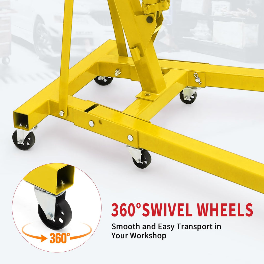 Garvee 2-Ton Folding Engine Hoist - 4400 lbs Capacity Cherry Picker Hydraulic Shop Crane with Telescoping Boom, 6 Caster Wheels, Hitch, and Storage Stand for Automotive Repair and Garage Use, Yellow
