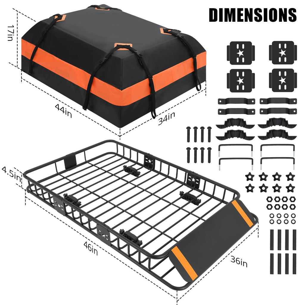 Garvee Roof Rack Cargo Basket 46"x36"x4.5" + Waterproof Cargo Bag 15 Cubic Feet - High Capacity, Premium Material, 200 LBS Capacity, Universal Carrier for SUV, Truck, Perfect for Travel