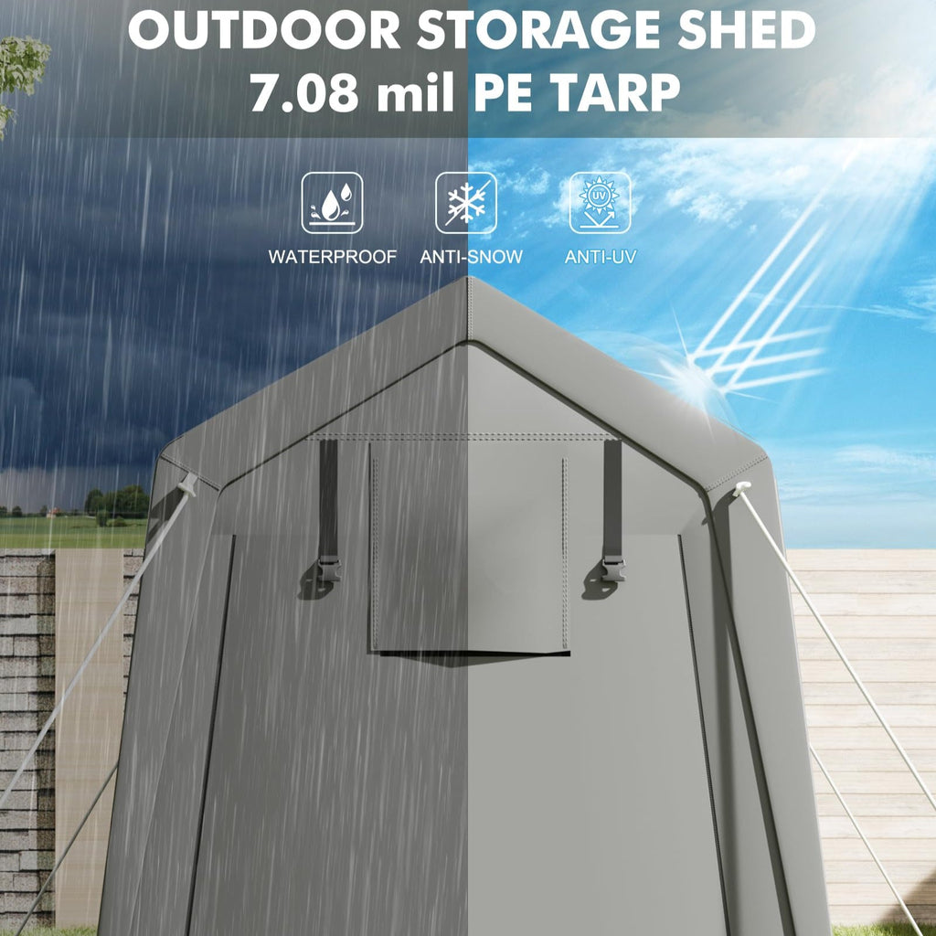 Garvee 7x15 FT Motorcycle Storage Sheds, Portable Carport with Rolled up Zipper Door , Waterproof , Storage Tent Heavy Duty for Motorcycle , Bike , Firewood , Garden Tools , Grey