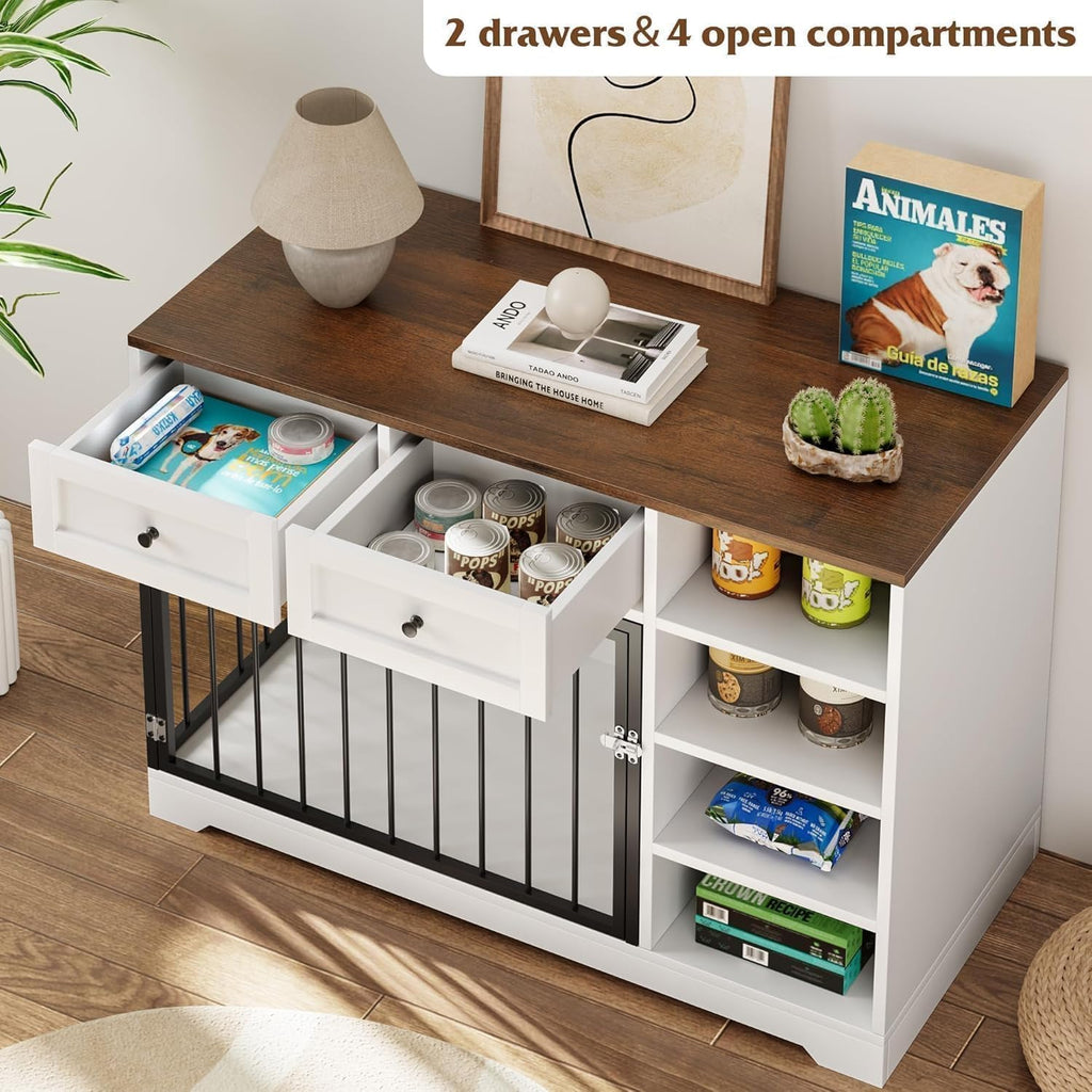 Garvee 47" Dog Crate Furniture Indoor with 2 Drawers & 4 Shelves, Large Dogs Kennel Furniture TV Stand, Wooden Dog Cage for Large Medium Dogs, White & Brown Top