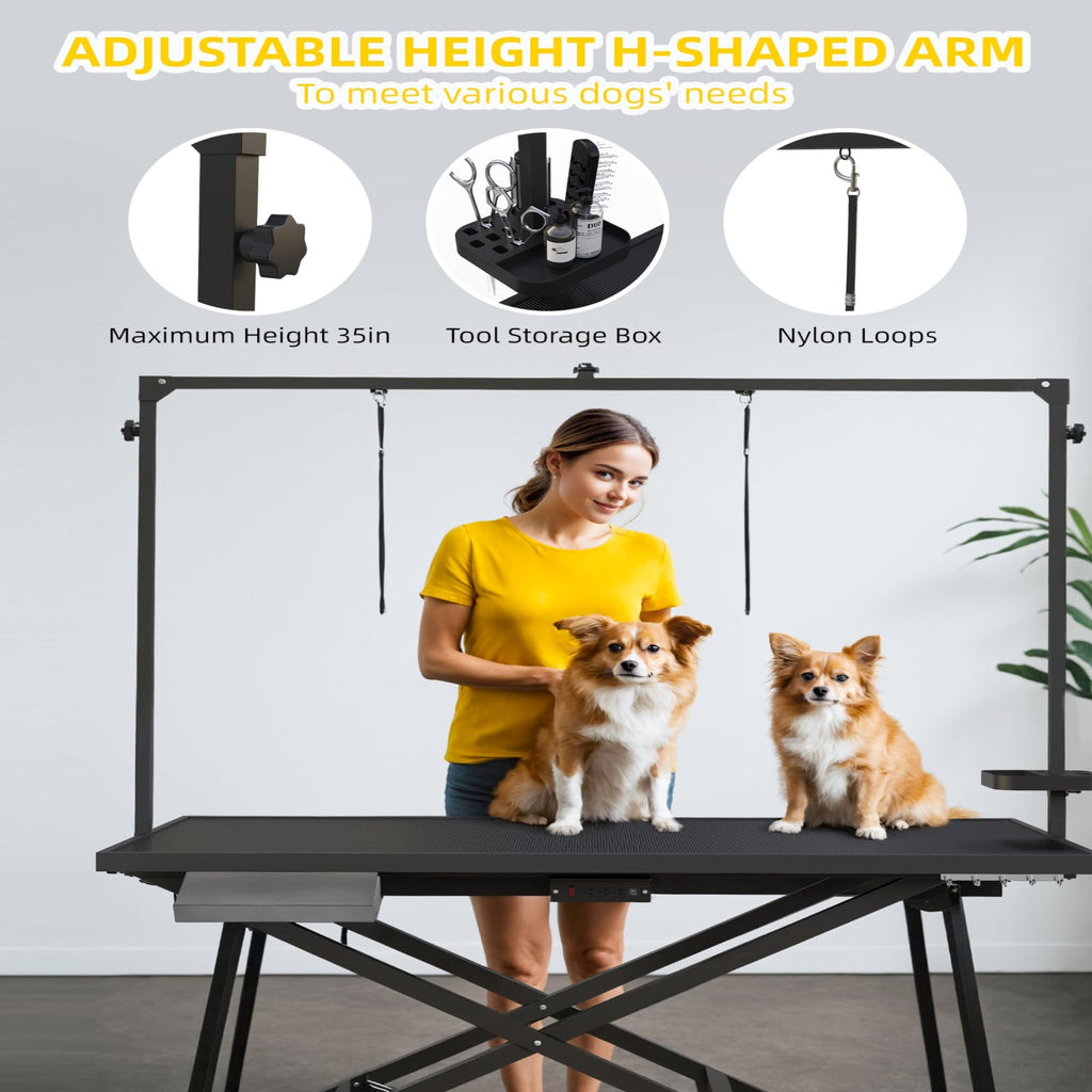 Garvee 50" Professional Electric Dog Grooming Table Heavy Duty, Height Adjustable Pet Grooming Table with Leveling Wheels, Dog Grooming Arm, Non-Slip Tabletop and Tool Organizer Dog Grooming Station (Black)