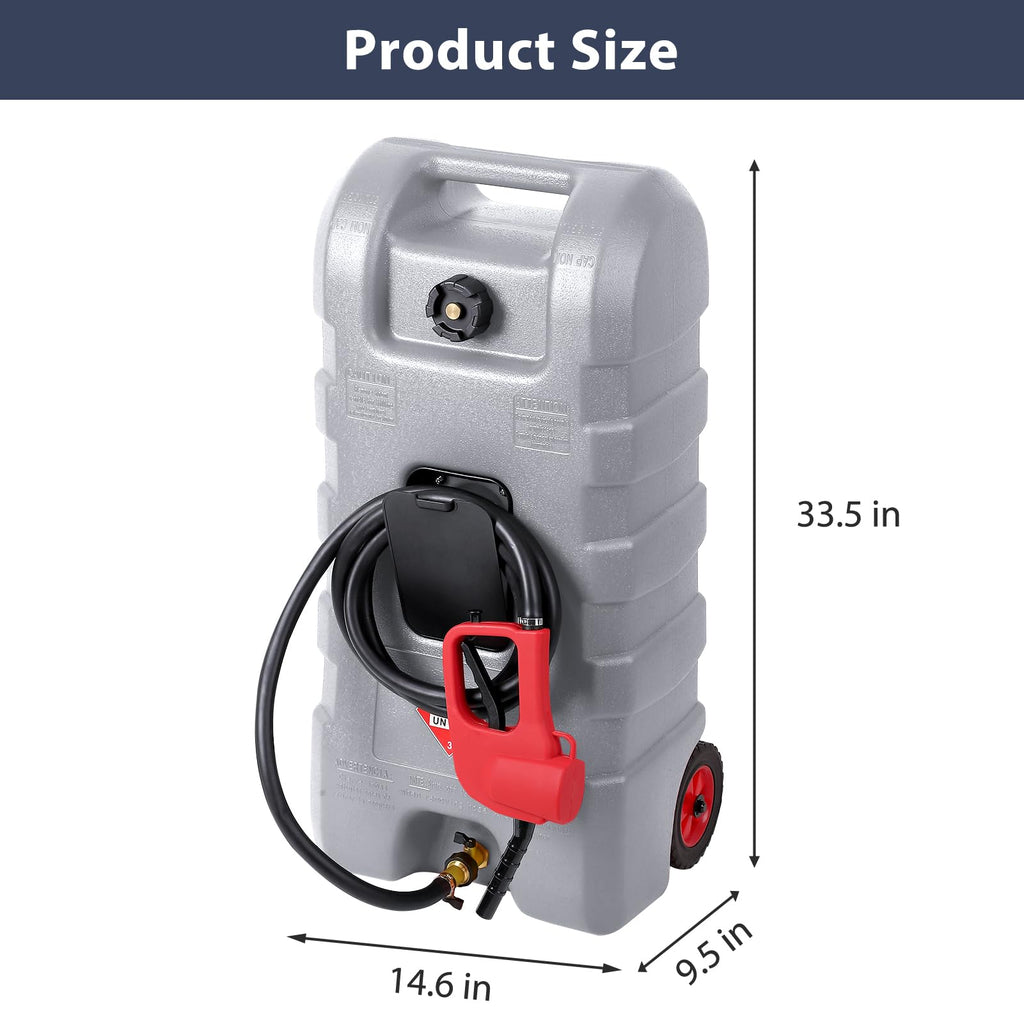 Garvee Fuel Caddy, 15 Gallon Portable Gas Fuel Tank Container with LE Fluid Transfer Siphon Pump and 10ft. Delivery Hose, Diesel Storage Can On-Wheels for Cars, Lawn Mowers, ATVs, Boats, Gray