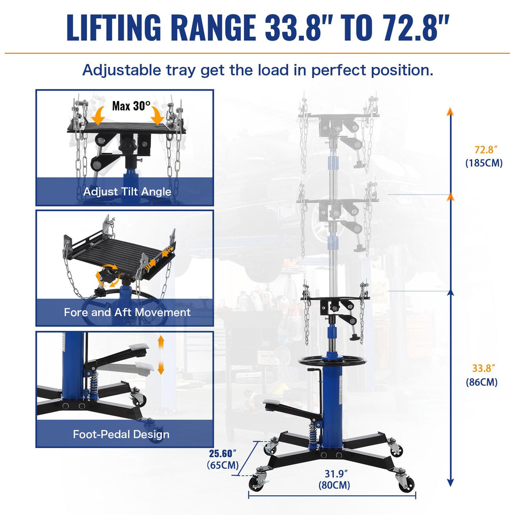 Garvee 1322lbs Transmission Jack Lift with Anti-Slip Rubber Pad, Adjustable Telescoping Hydraulic Transmission Jack, High Lift Single Telescopic Jacks Hoist w/Pedal, 33.8" to 72.8" Lifting Range