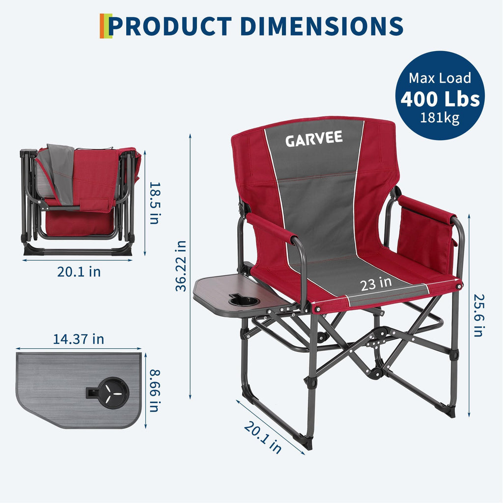Garvee Oversized Directors Camping Chair with Side Table, Heavy Duty Portable Folding Chair for Adults, Supports 400 lbs, Red, 2 PCS